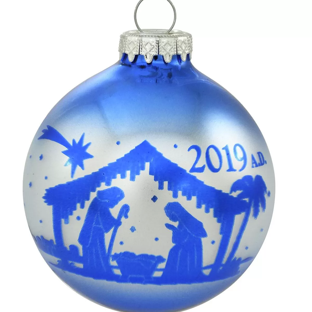 Bronner's Christmas Wonderland 2019 Dated Nativity Blue Silhouette Glass Ornament | Religious