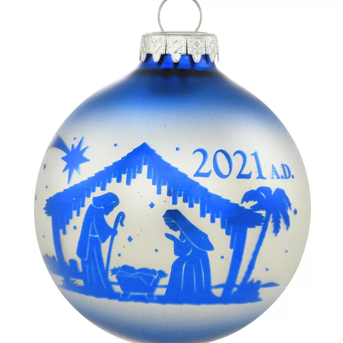 Bronner's Christmas Wonderland 2021 Dated Nativity Blue Silhouette Glass Ornament | Religious