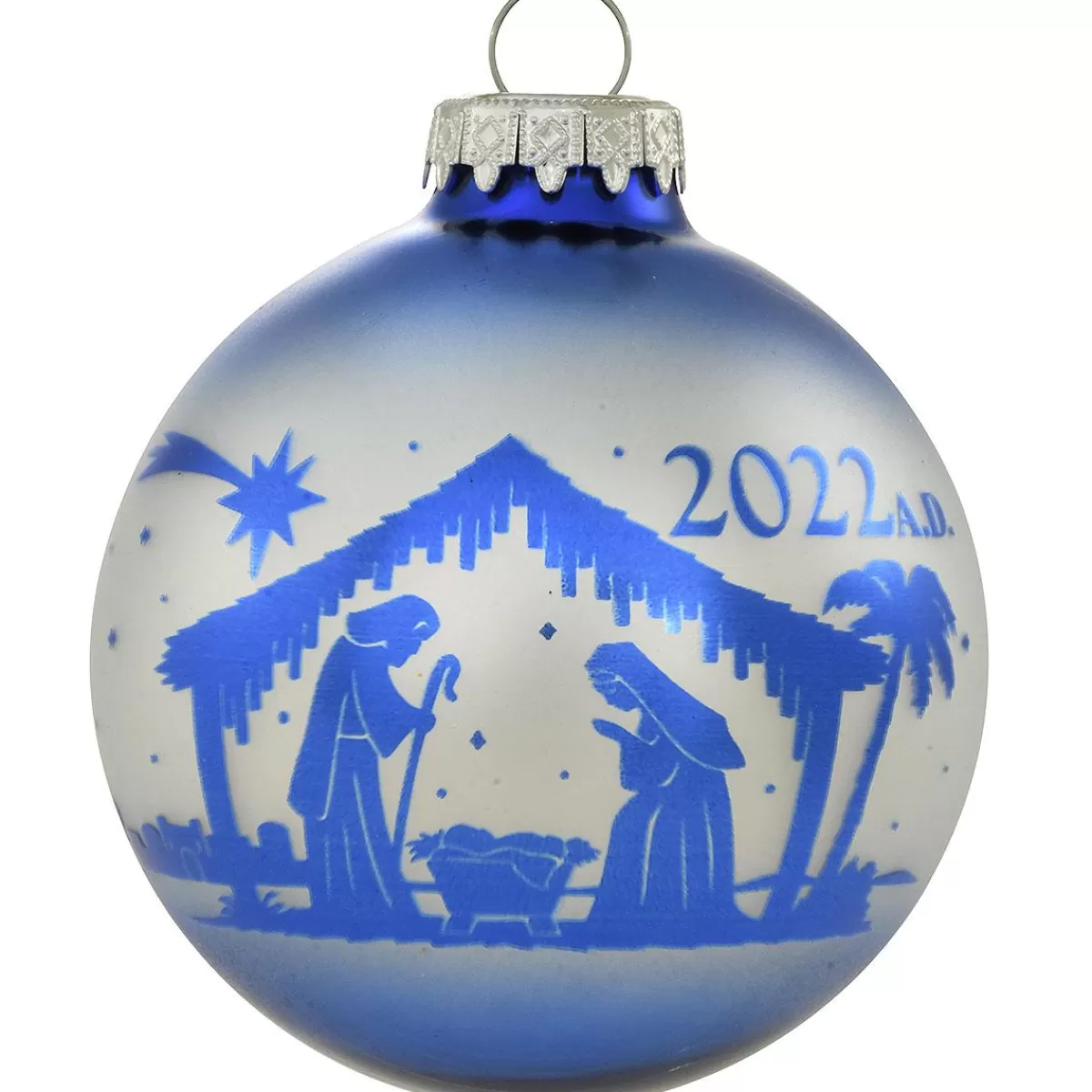 Bronner's Christmas Wonderland 2022 Dated Nativity Blue Silhouette Glass Ornament | Religious