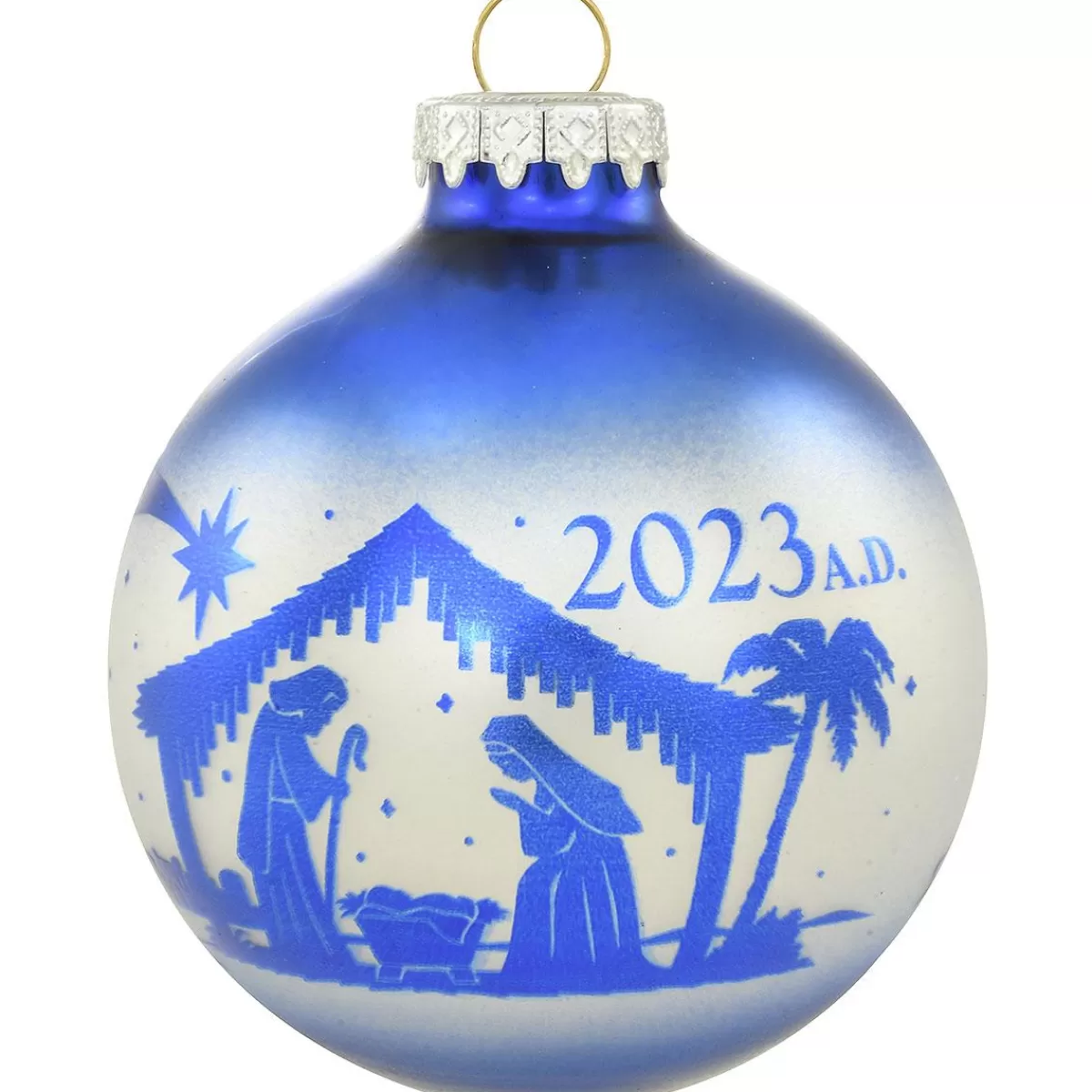 Bronner's Christmas Wonderland 2023 Dated Nativity Blue Silhouette Glass Ornament | Religious