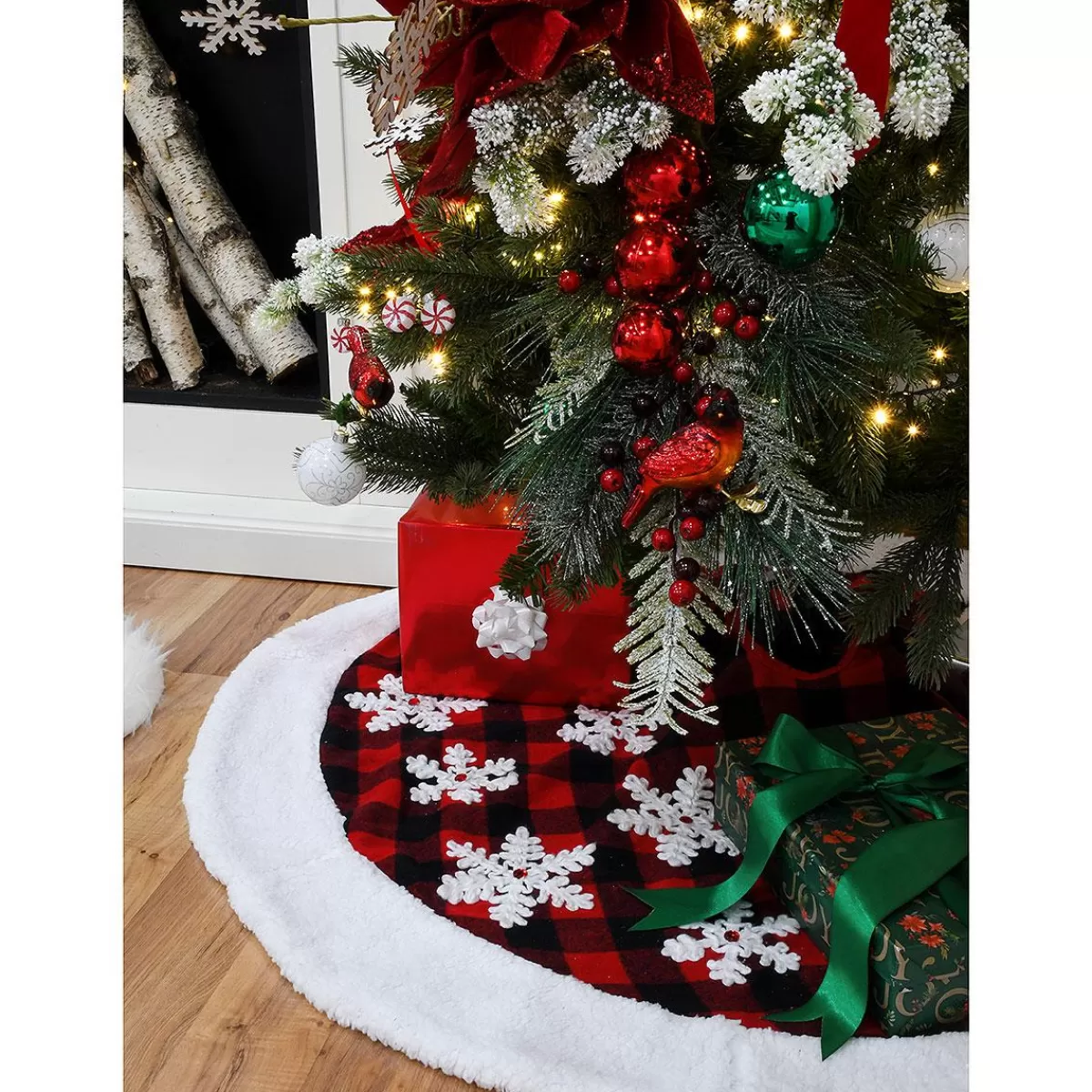 Bronner's Christmas Wonderland 48 Inch Buffalo Plaid Tree Skirt With Snowflakes | Tree Skirts