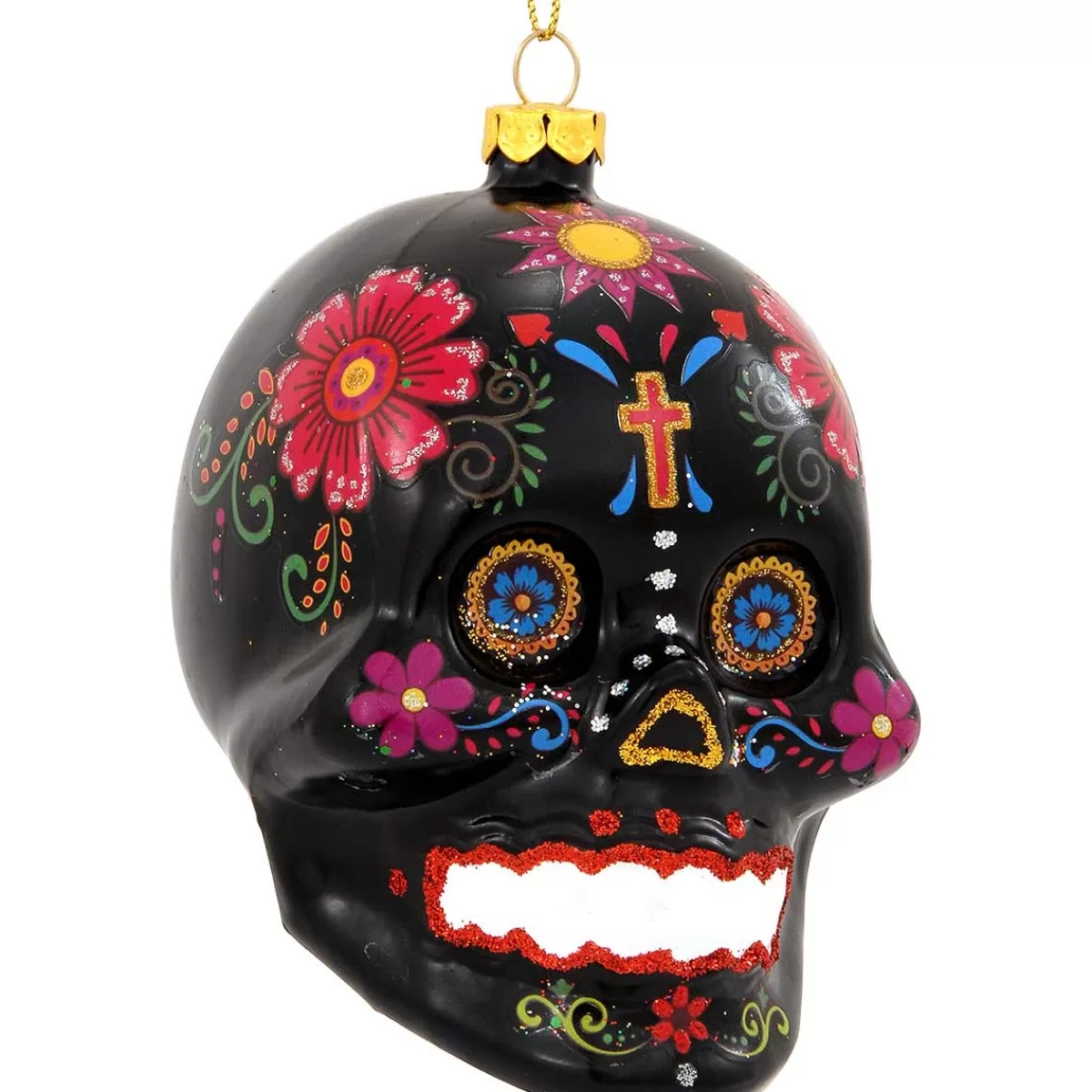 Bronner's Christmas Wonderland Black Painted Skull Glass Ornament> Novelty