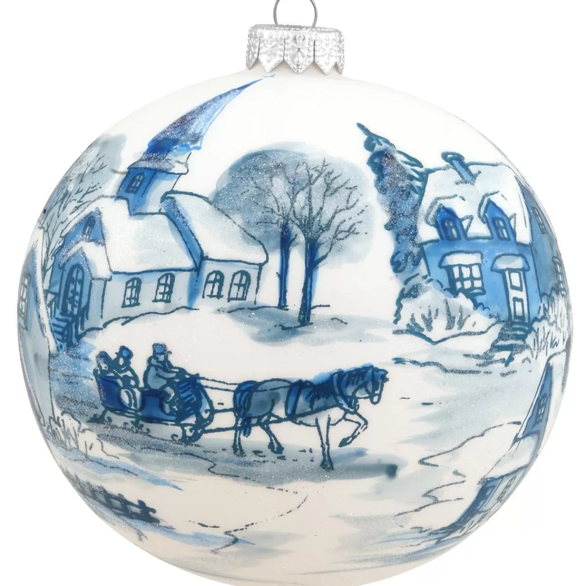 Bronner's Christmas Wonderland Blue Village Scene On White Glass Ornament> Novelty