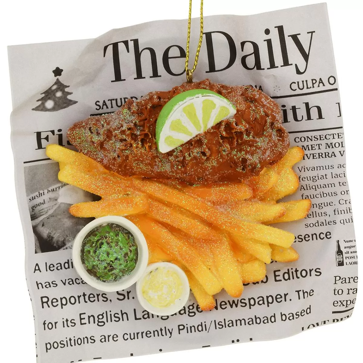 Bronner's Christmas Wonderland Fish And Fries In Newspaper Resin Ornament> Food, Drinks, & Cooking