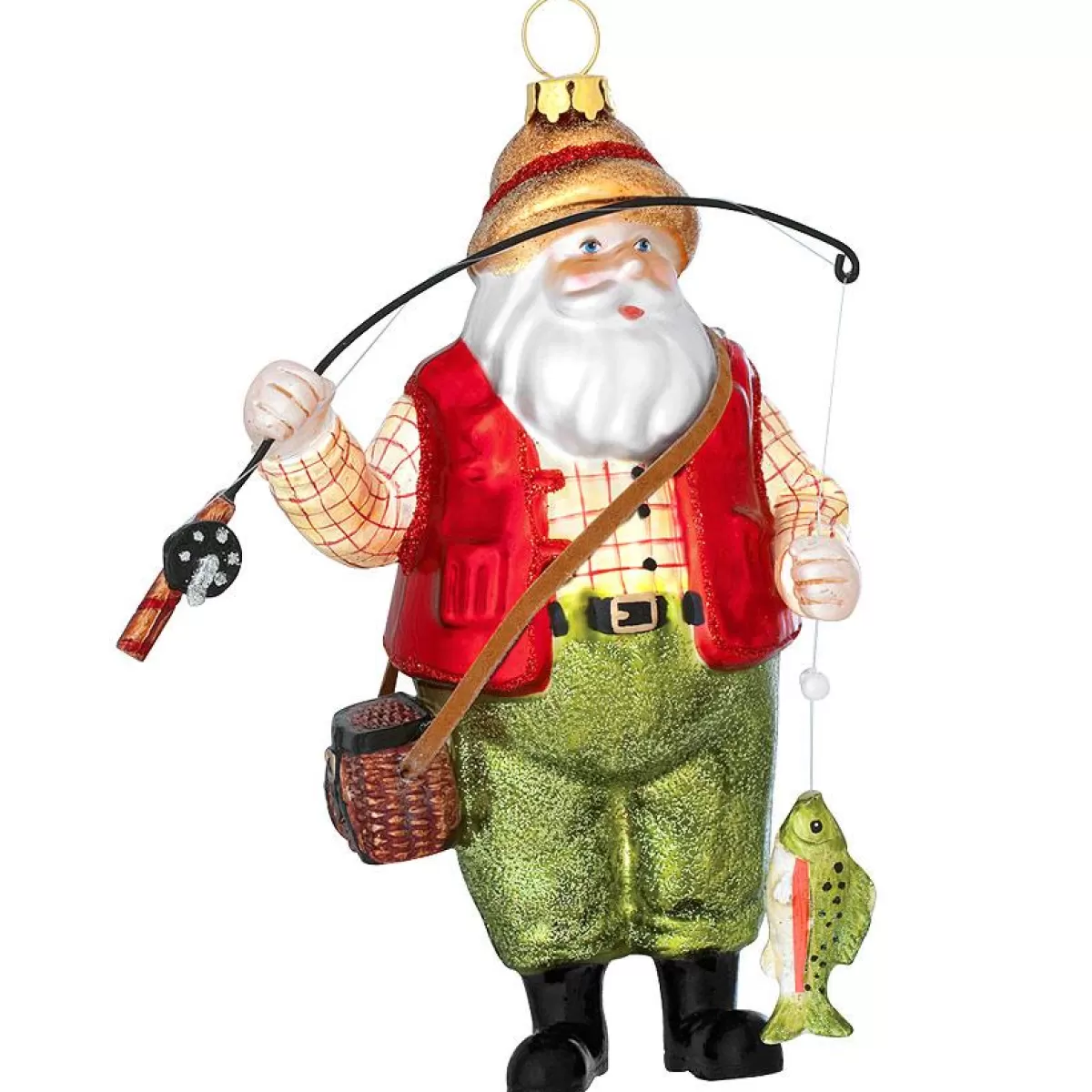 Bronner's Christmas Wonderland Fishing Santa With Creel Glass Ornament> Hunting & Fishing