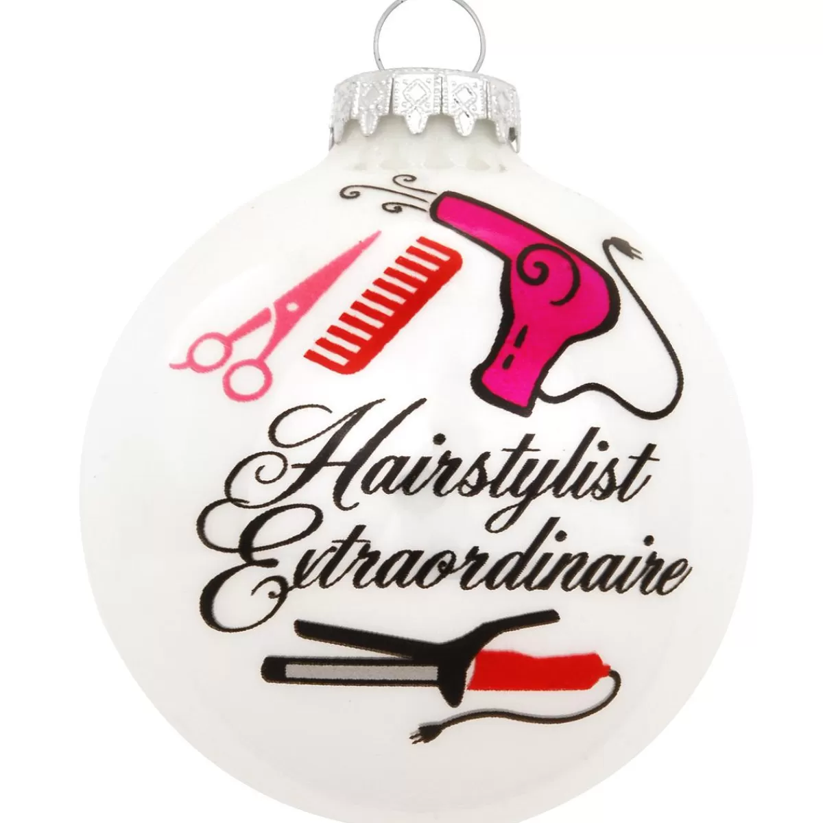 Bronner's Christmas Wonderland Hairstylist Extraordinaire White Glass Ornament> Hobbies & Occupations