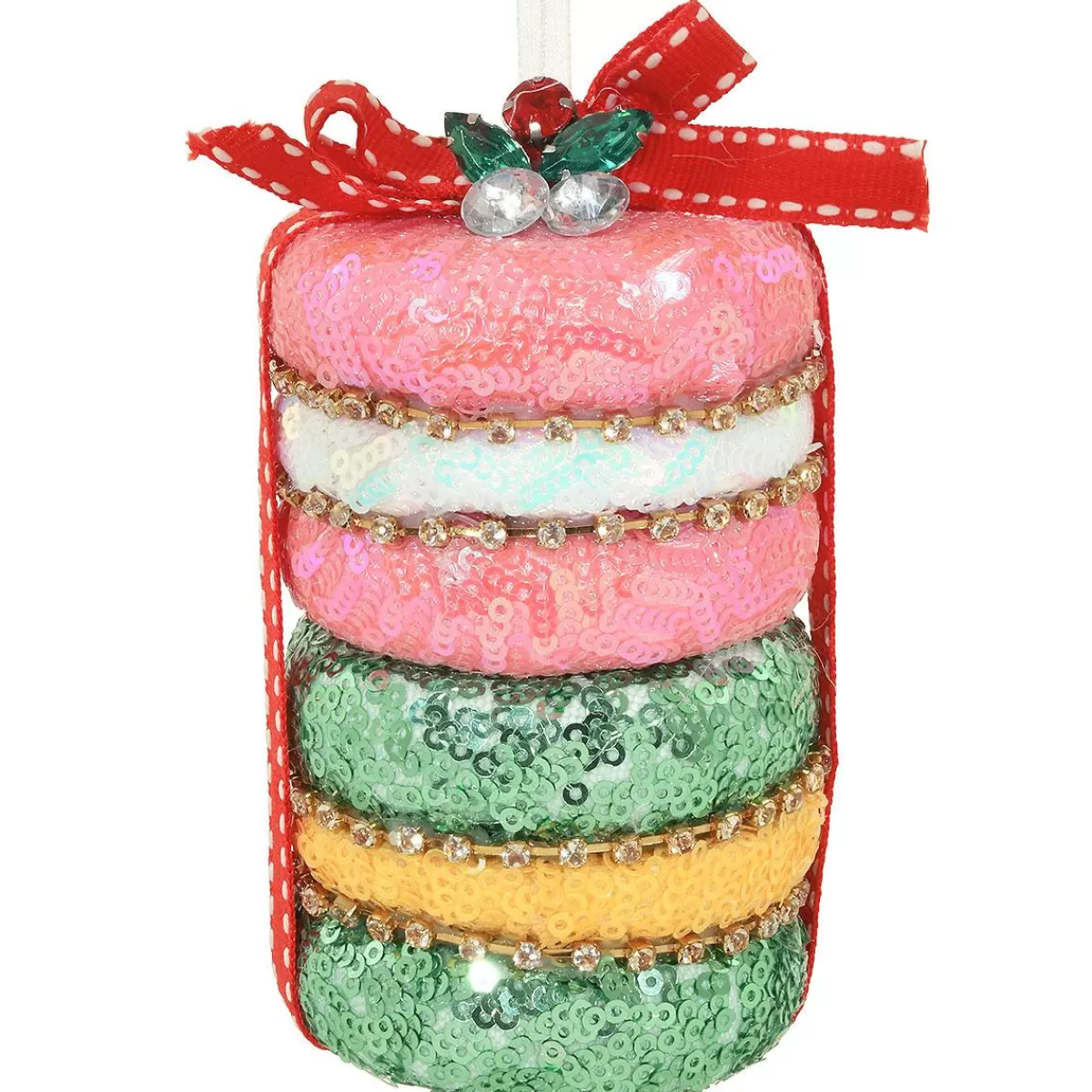 Bronner's Christmas Wonderland Macaron With Pink And Green Sequins Ornament> Food, Drinks, & Cooking