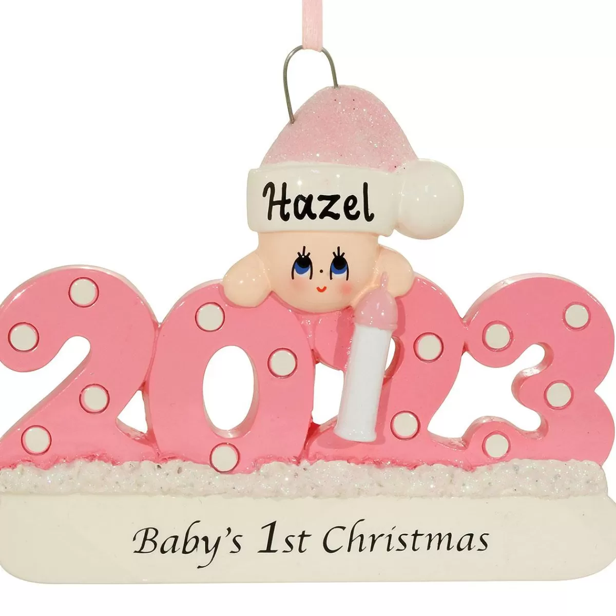 Bronner's Christmas Wonderland Personalized 2023 Baby's First Christmas Pink Resin Ornament | Ornaments