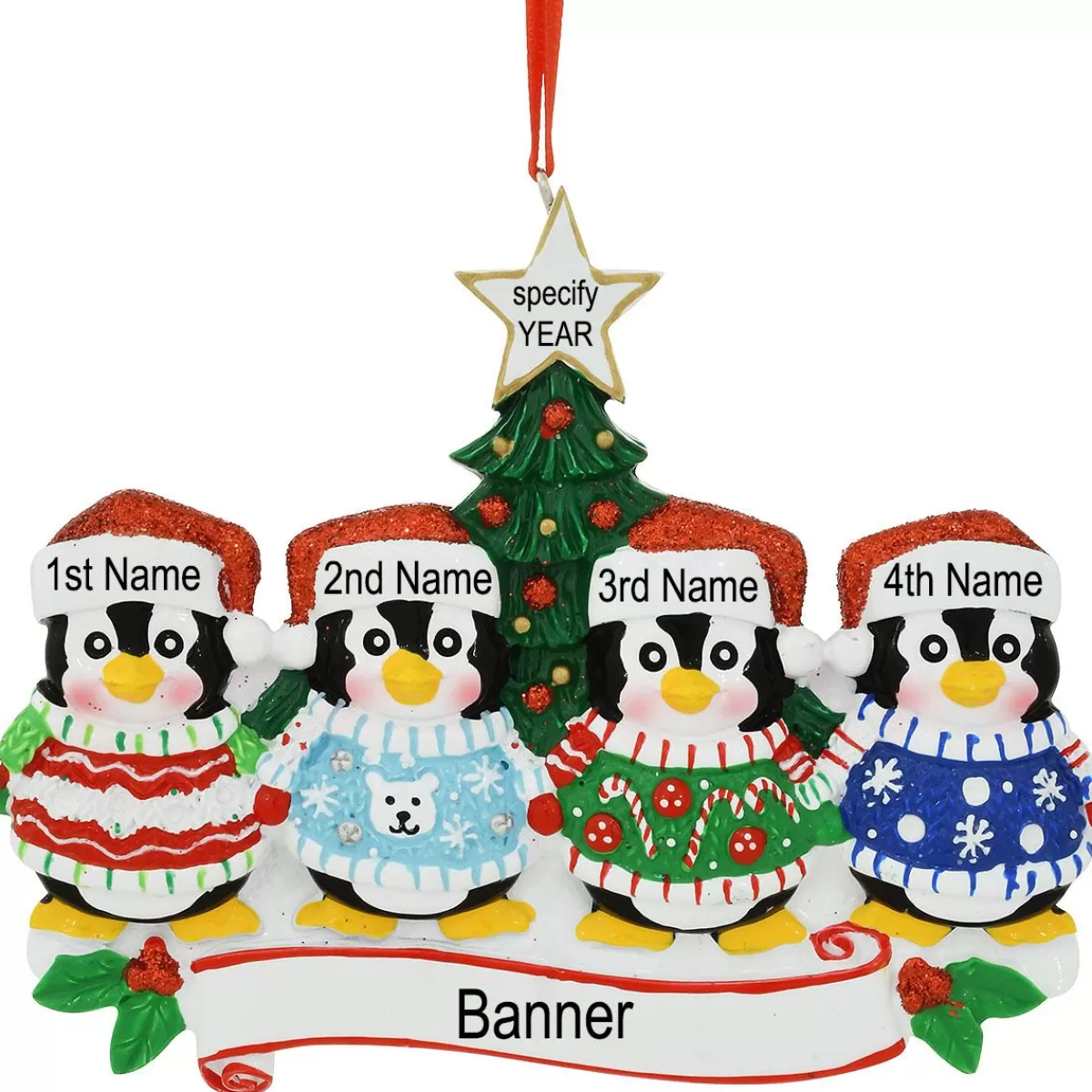 Bronner's Christmas Wonderland Personalized 4 Penguins In Christmas Sweaters Ornament | Ornaments