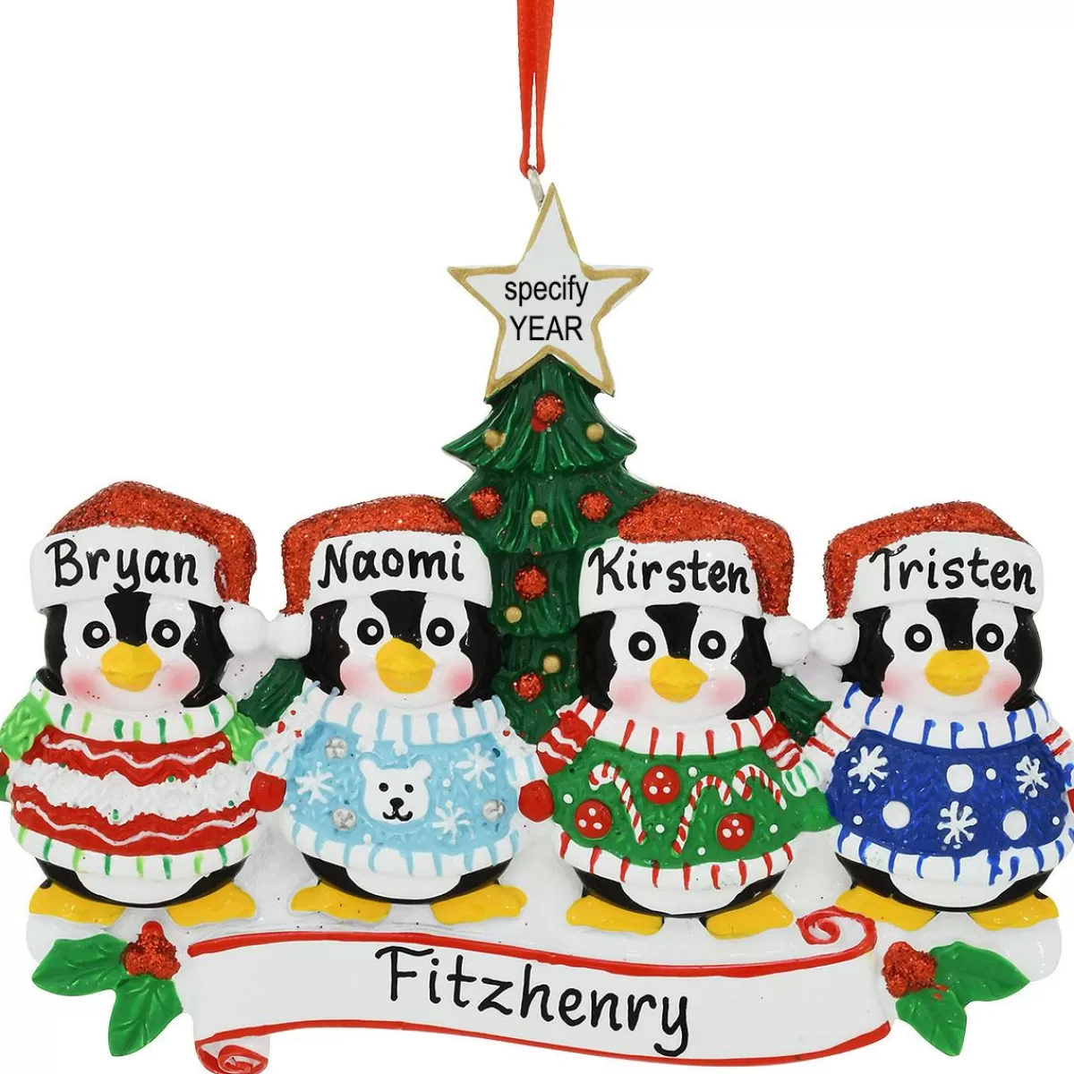 Bronner's Christmas Wonderland Personalized 4 Penguins In Christmas Sweaters Ornament | Ornaments