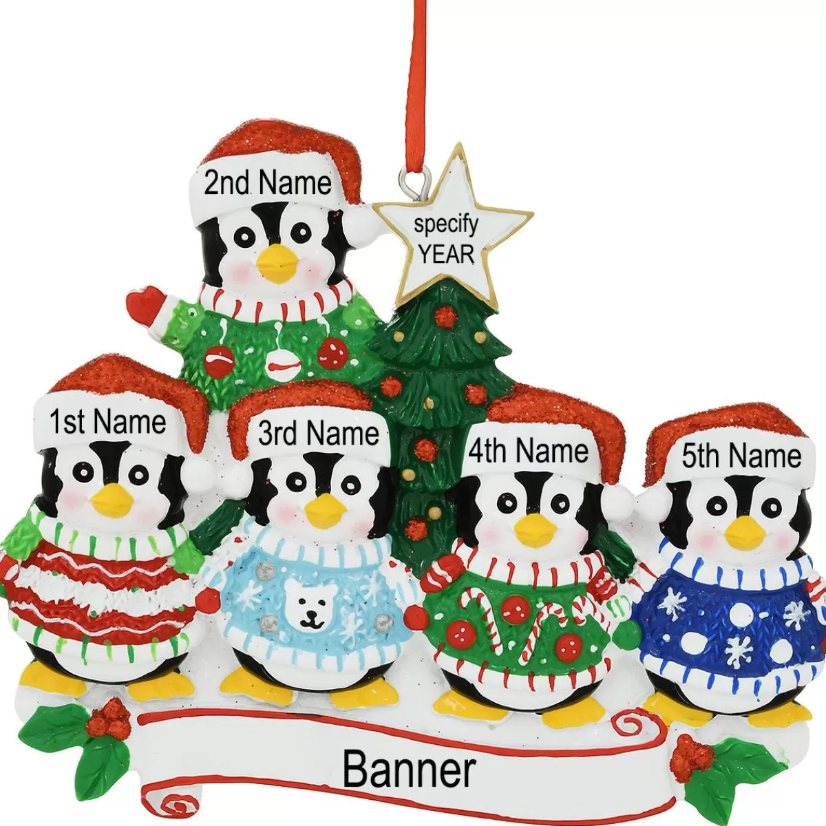 Bronner's Christmas Wonderland Personalized 5 Penguins In Christmas Sweaters Ornament | Ornaments