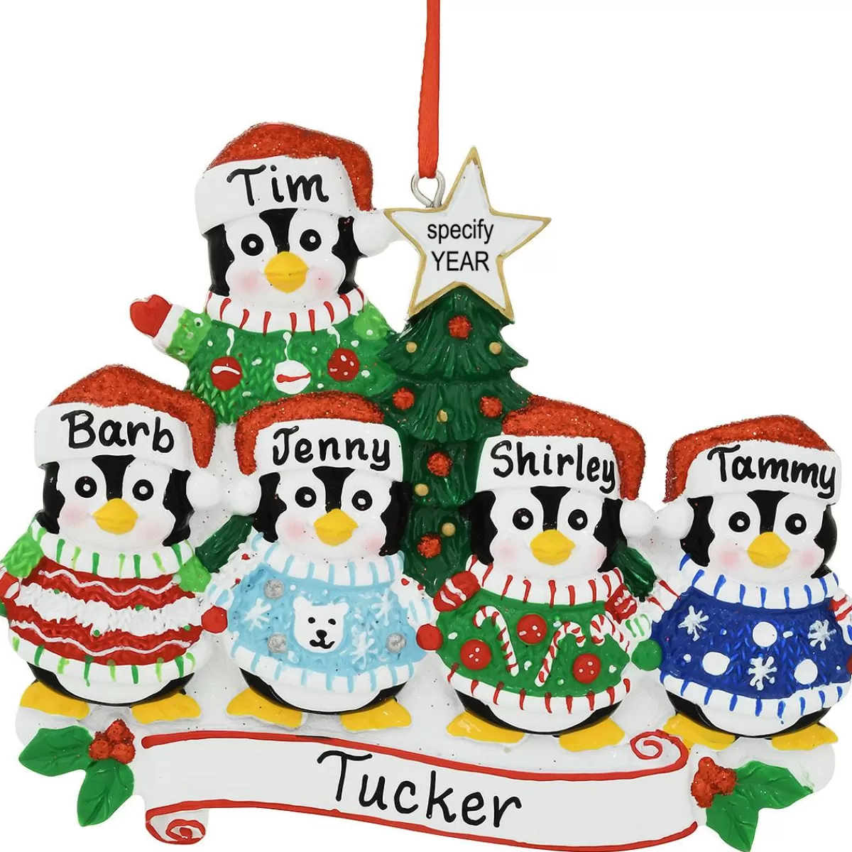 Bronner's Christmas Wonderland Personalized 5 Penguins In Christmas Sweaters Ornament | Ornaments