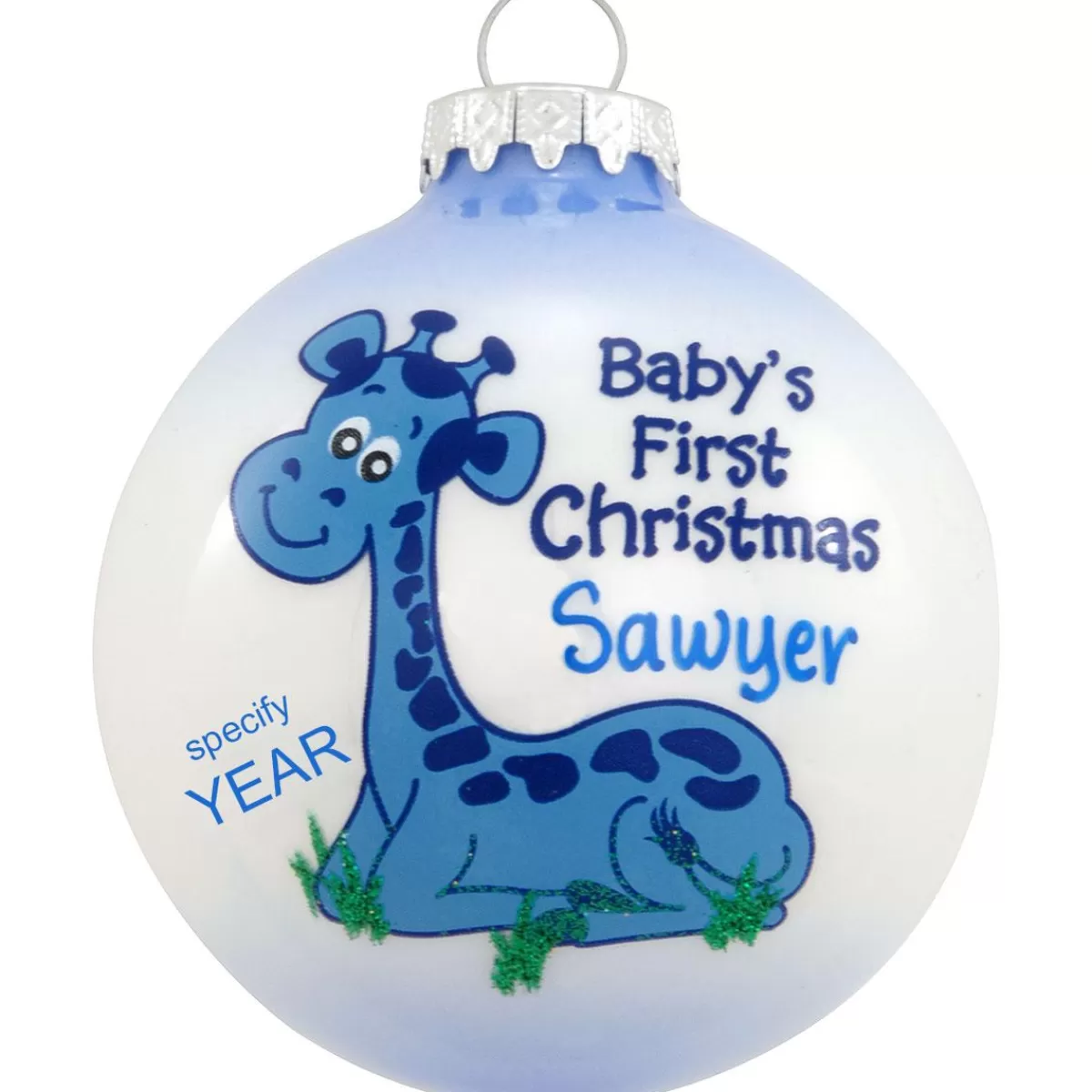 Bronner's Christmas Wonderland Personalized Baby's First Christmas Blue Giraffe Glass Ornament | Ornaments