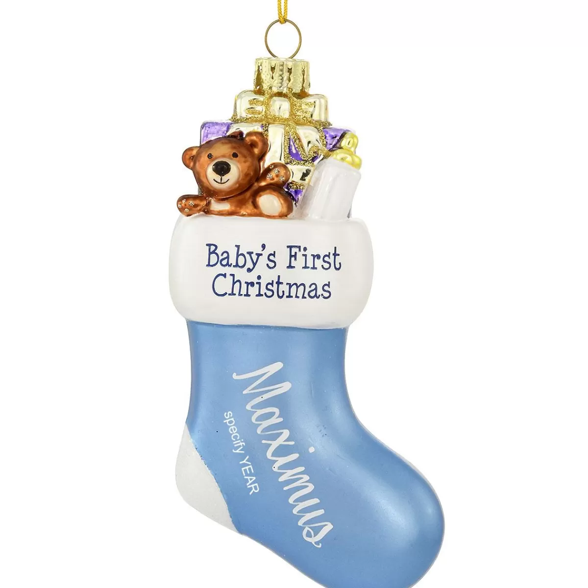 Bronner's Christmas Wonderland Personalized Baby's First Christmas Blue Stocking Glass Ornament | Ornaments