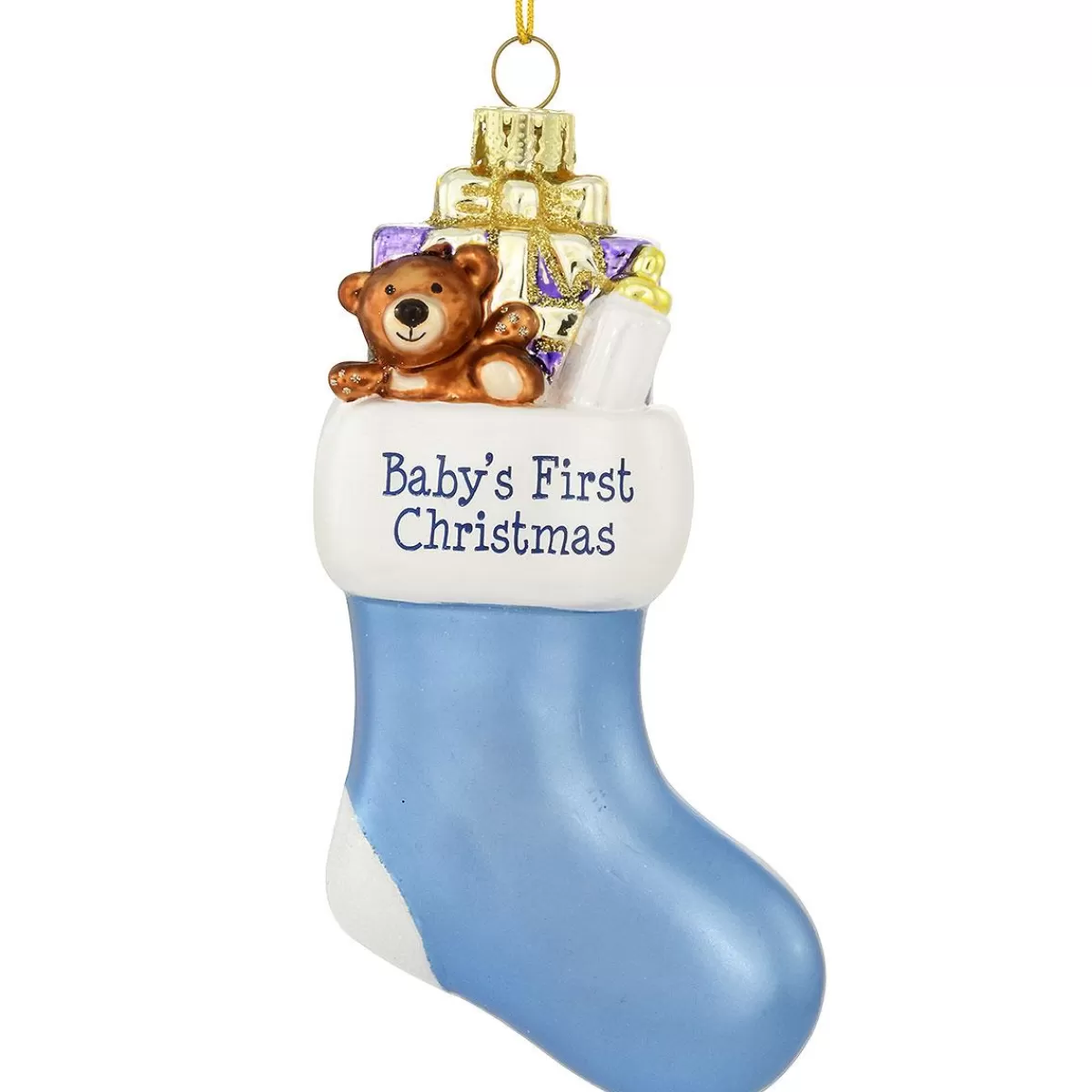 Bronner's Christmas Wonderland Personalized Baby's First Christmas Blue Stocking Glass Ornament | Ornaments