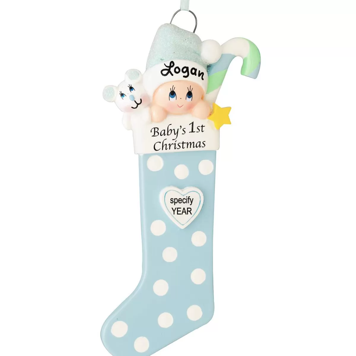 Bronner's Christmas Wonderland Personalized Baby's First Christmas Blue Stocking Ornament | Ornaments