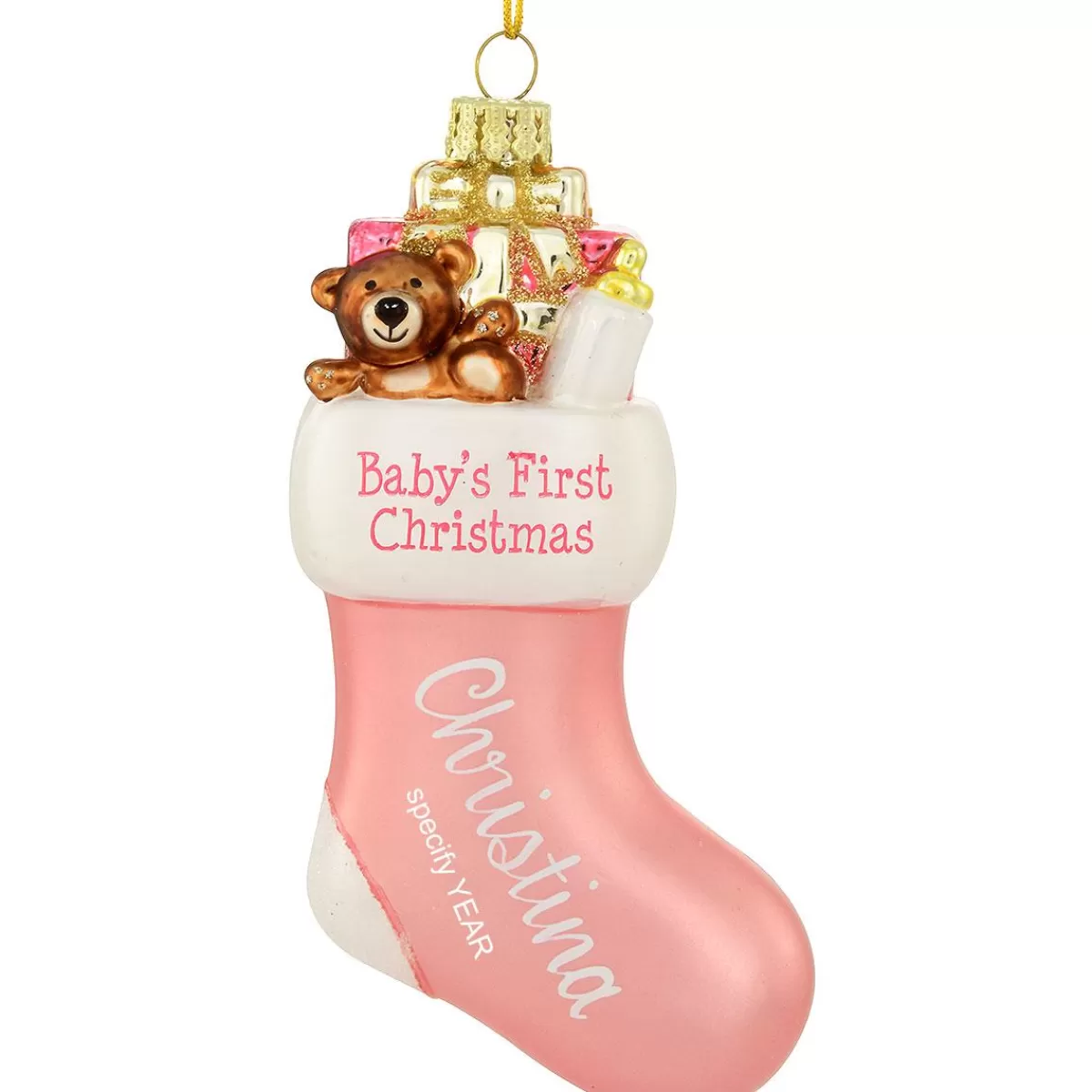 Bronner's Christmas Wonderland Personalized Baby's First Christmas Pink Stocking Glass Ornament | Ornaments