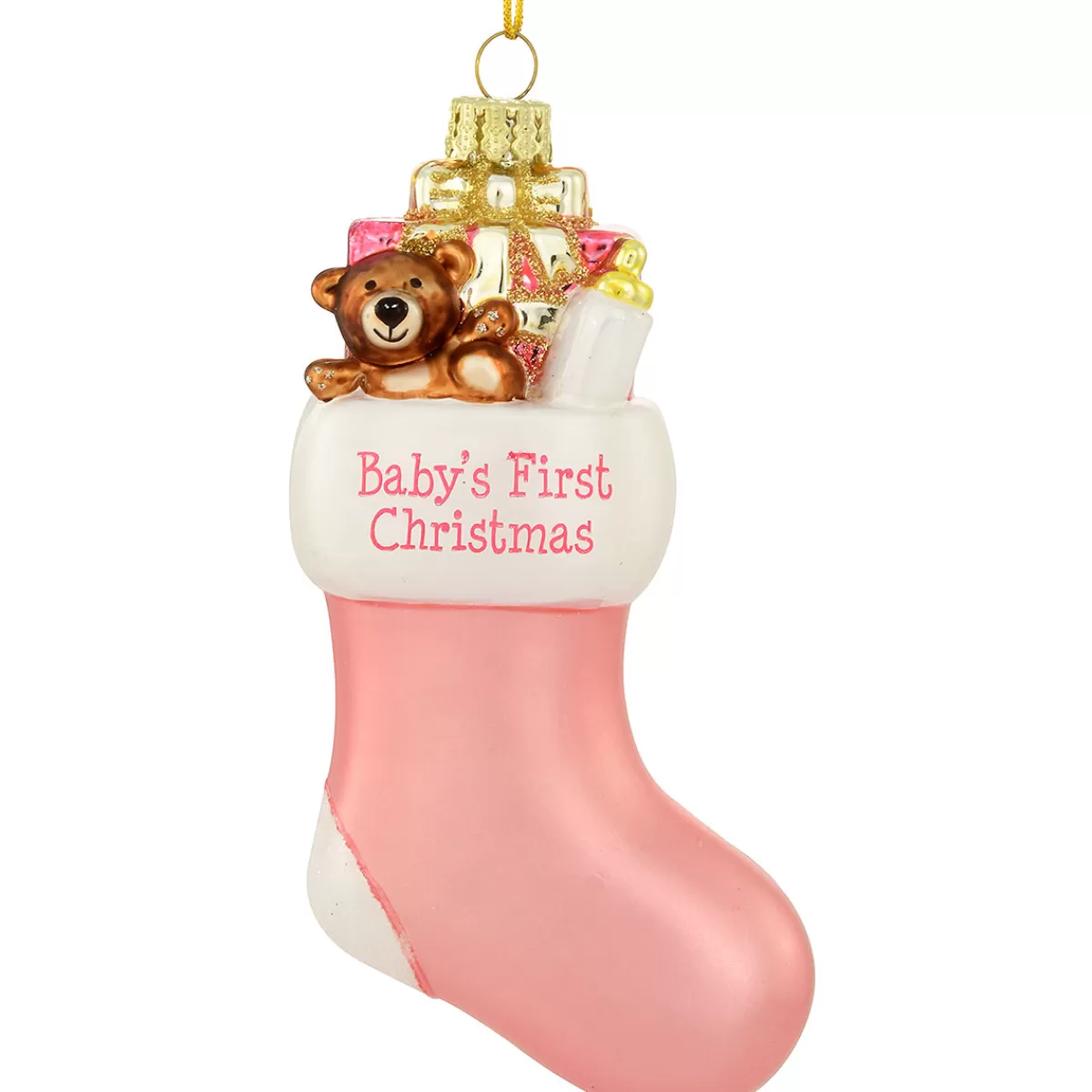 Bronner's Christmas Wonderland Personalized Baby's First Christmas Pink Stocking Glass Ornament | Ornaments