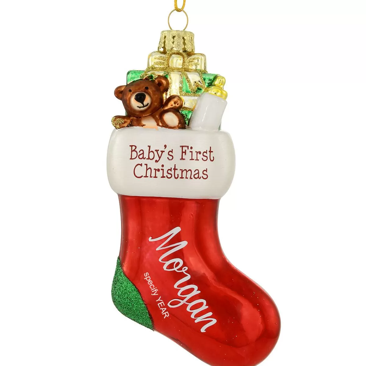 Bronner's Christmas Wonderland Personalized Baby's First Christmas Red Stocking Glass Ornament | Ornaments