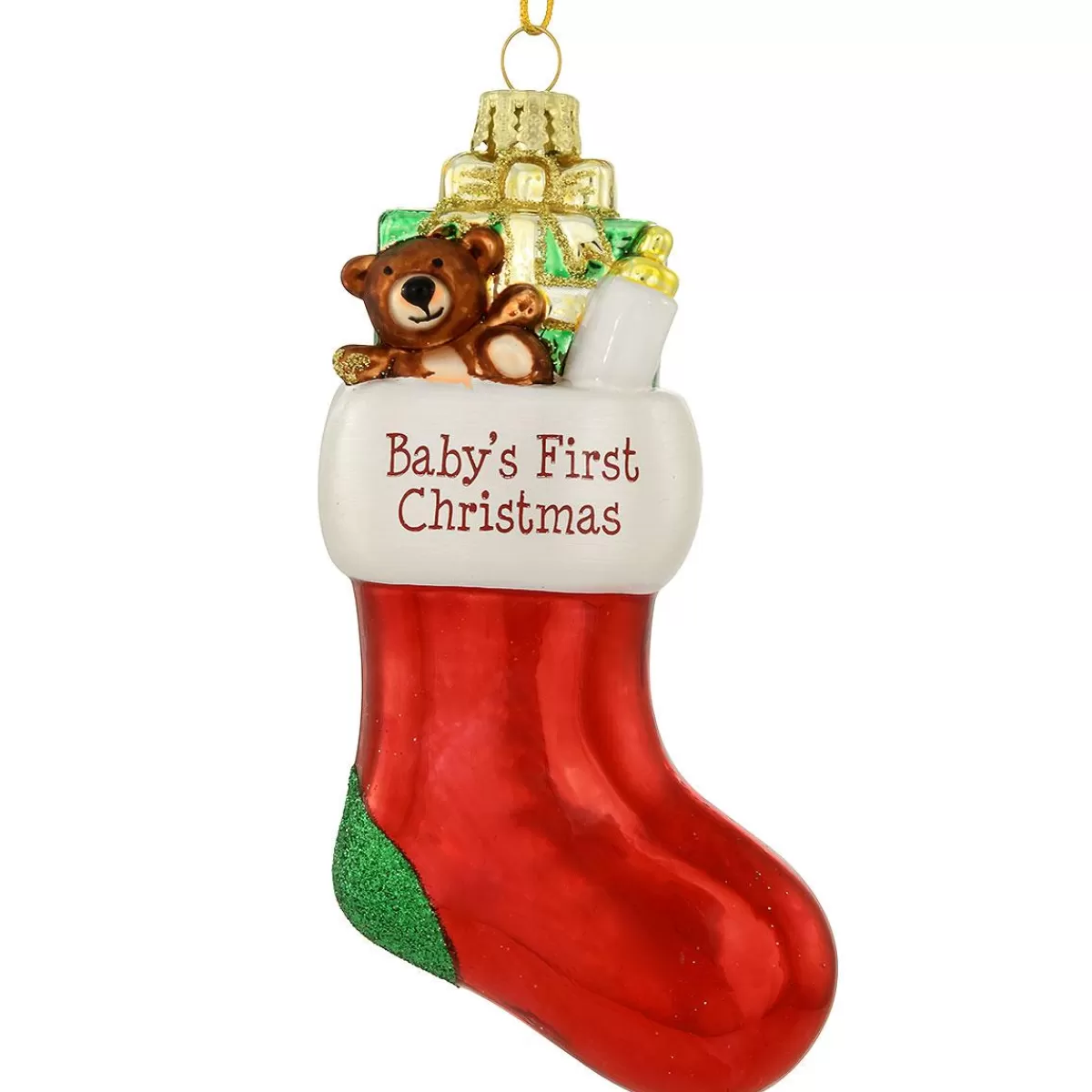 Bronner's Christmas Wonderland Personalized Baby's First Christmas Red Stocking Glass Ornament | Ornaments