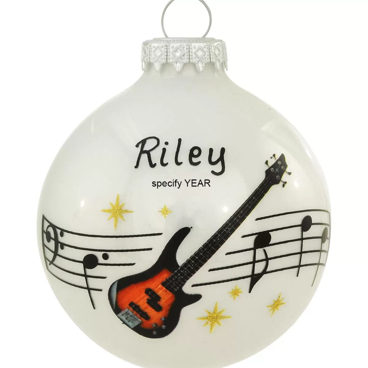 Bronner's Christmas Wonderland Personalized Bass Guitar With Music Staff Glass Ornament> Music, Dance, & Theater