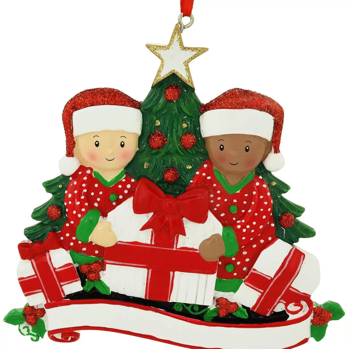 Bronner's Christmas Wonderland Personalized Biracial Couple Opening Gifts Resin Ornament | Ornaments