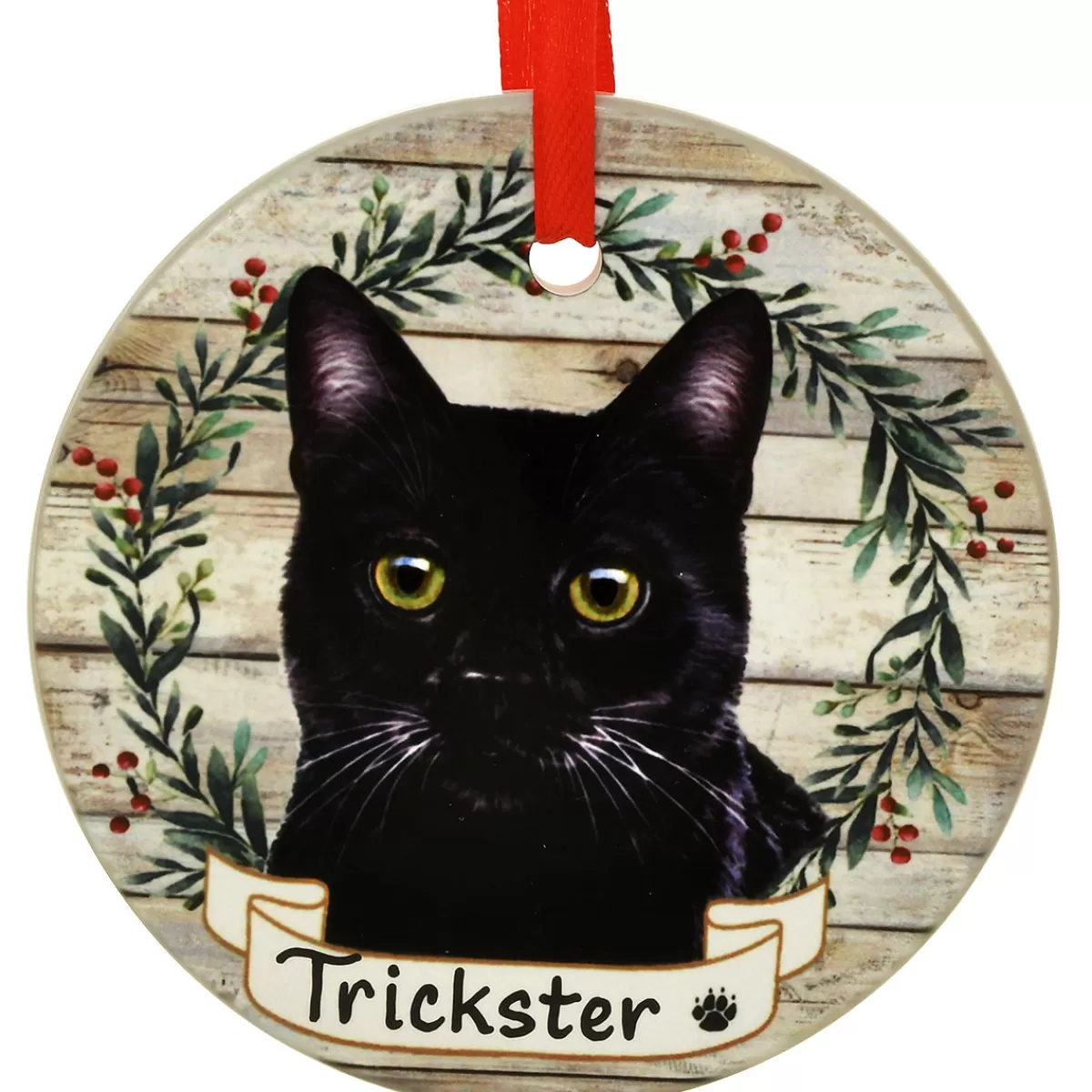 Bronner's Christmas Wonderland Personalized Black Cat Round Ceramic Ornament | Ornaments