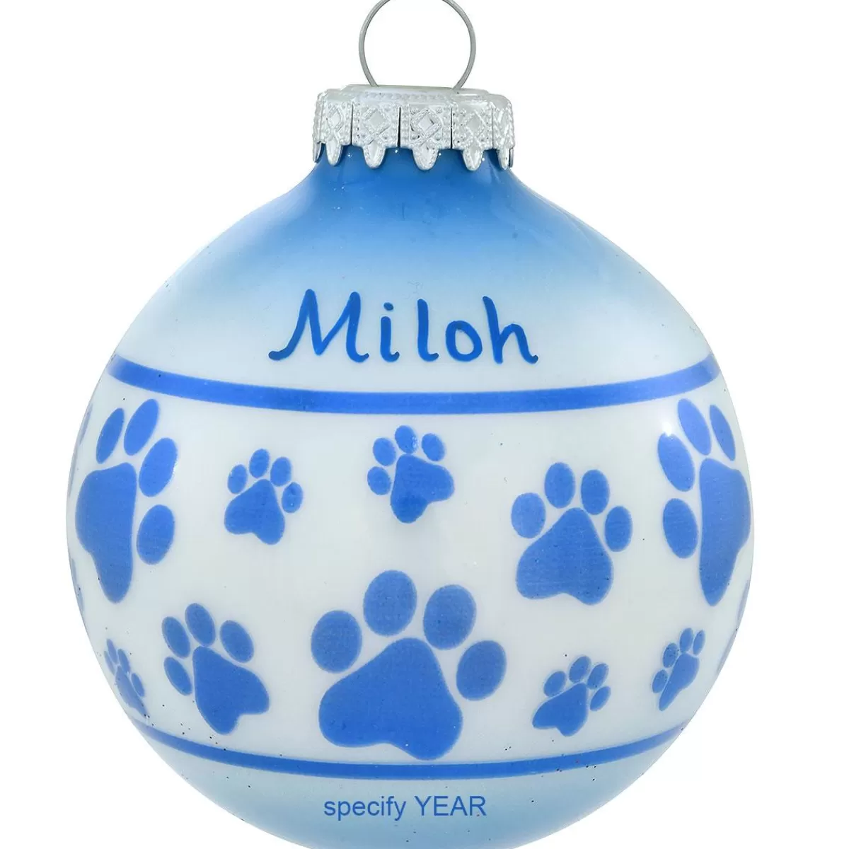 Bronner's Christmas Wonderland Personalized Blue And White Paw Prints Glass Ornament | Ornaments