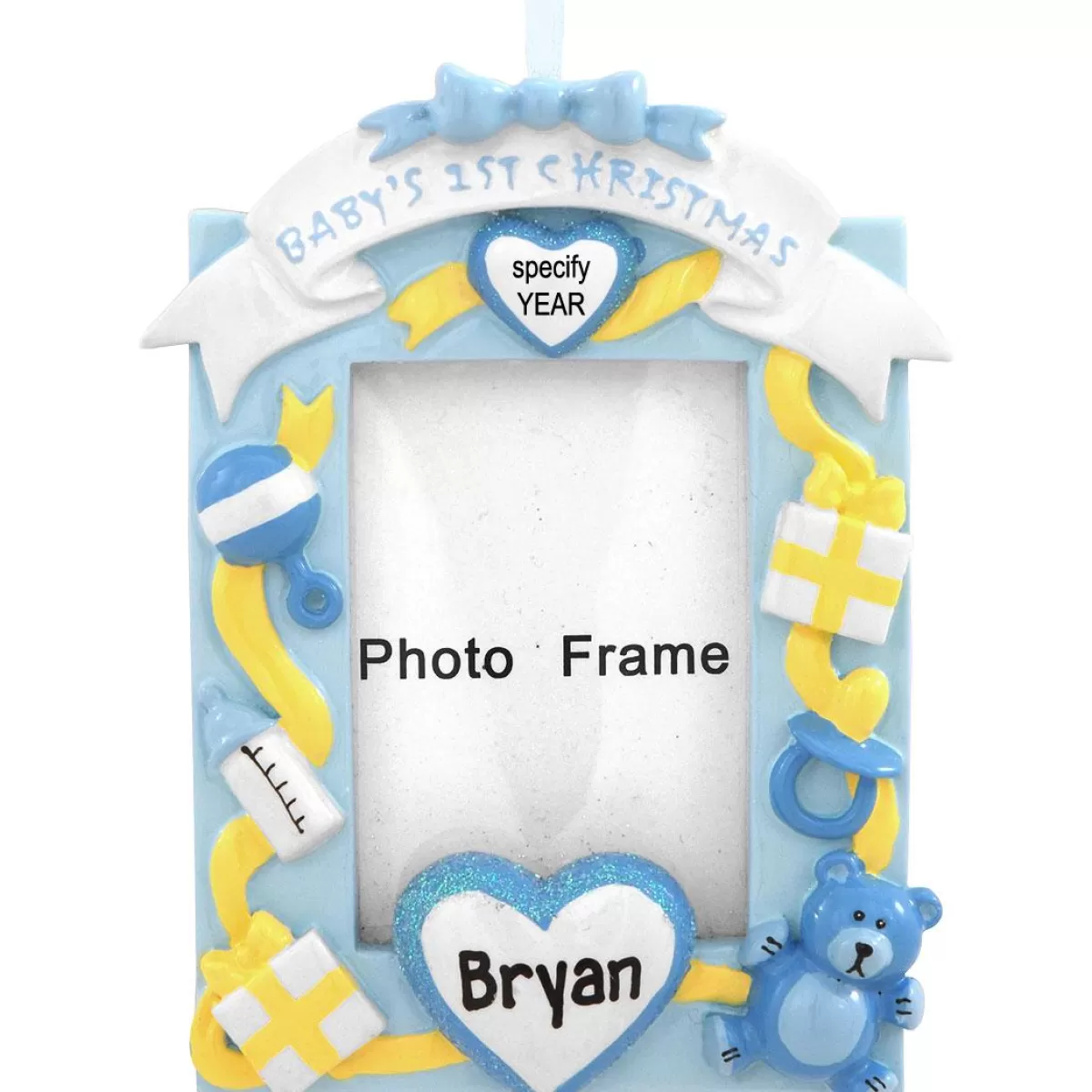 Bronner's Christmas Wonderland Personalized Blue Baby's First Frame Ornament | Ornaments