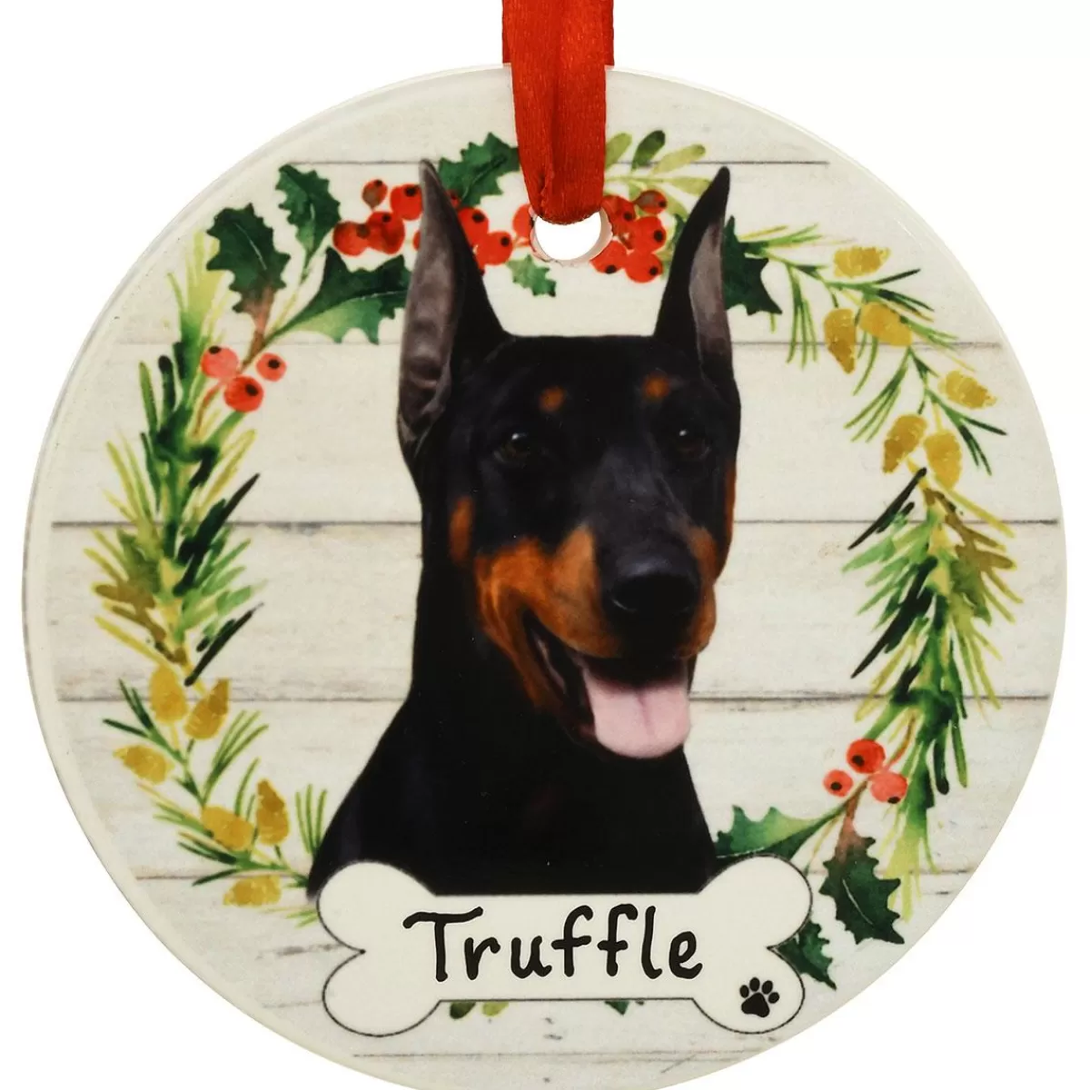 Bronner's Christmas Wonderland Personalized Doberman Dog Round Ceramic Ornament | Ornaments