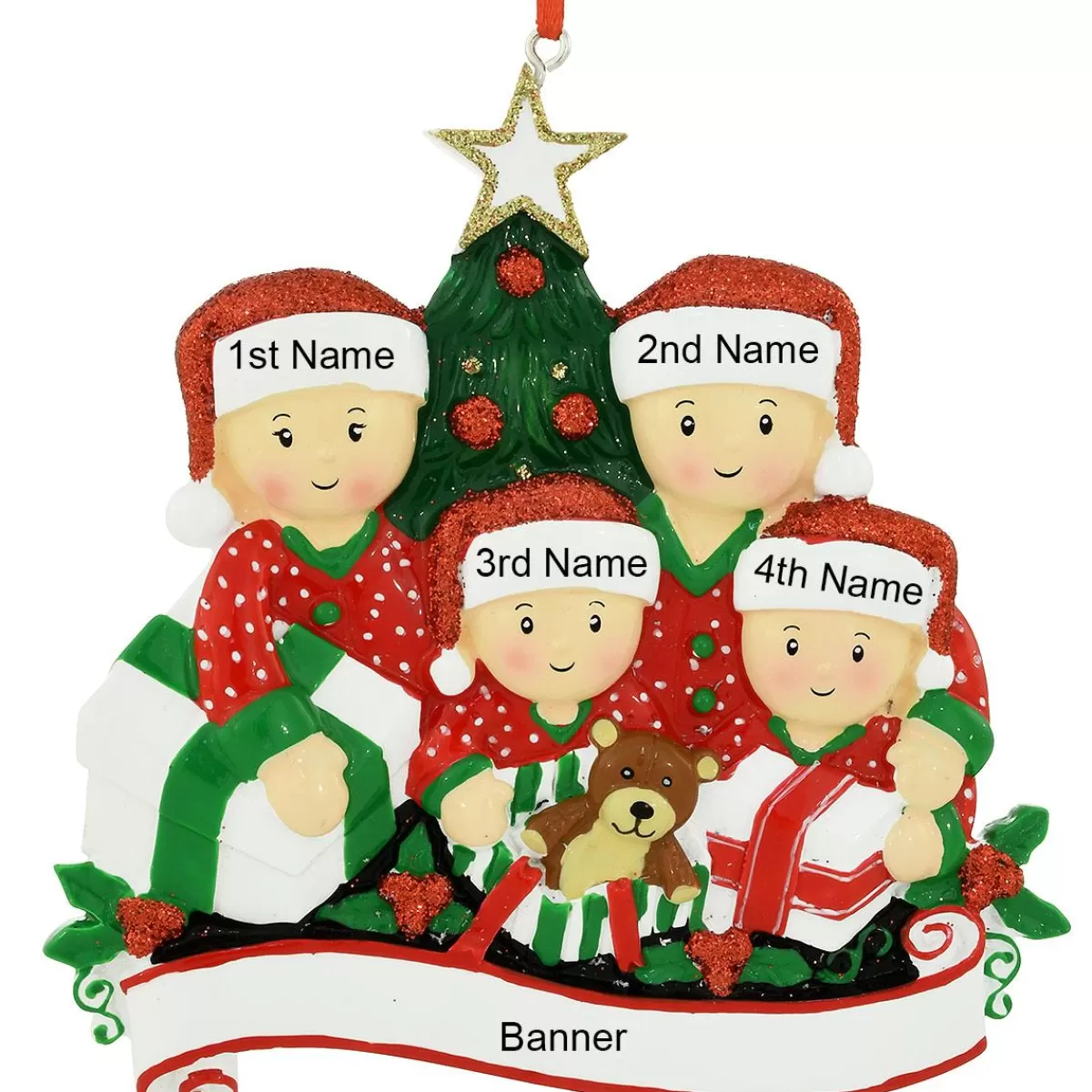 Bronner's Christmas Wonderland Personalized Family Of 4 Opening Presents Resin Ornament | Ornaments