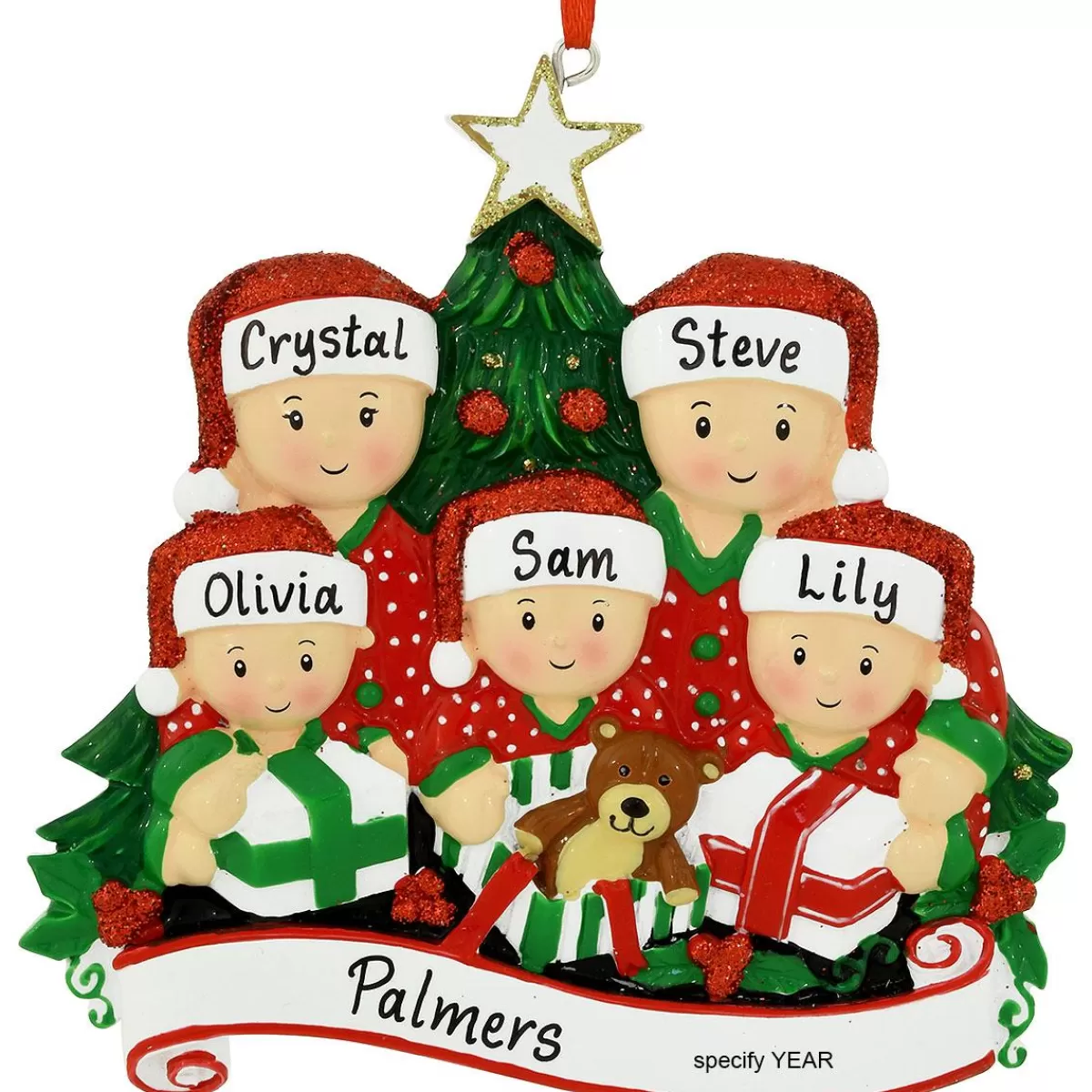 Bronner's Christmas Wonderland Personalized Family Of 5 Opening Presents Resin Ornament | Ornaments