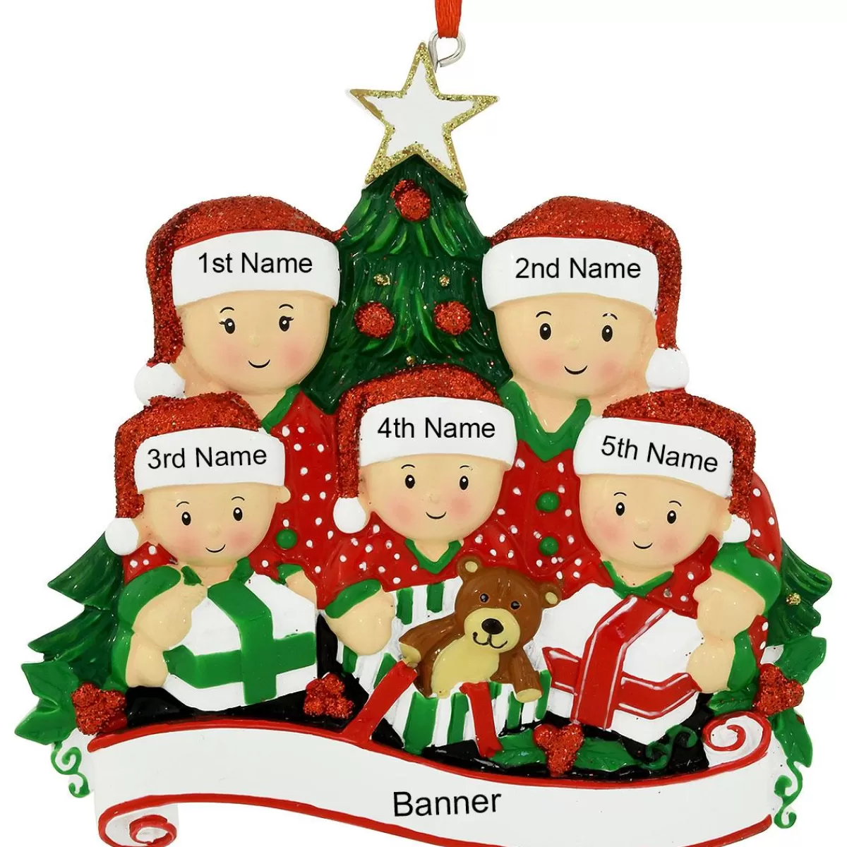 Bronner's Christmas Wonderland Personalized Family Of 5 Opening Presents Resin Ornament | Ornaments