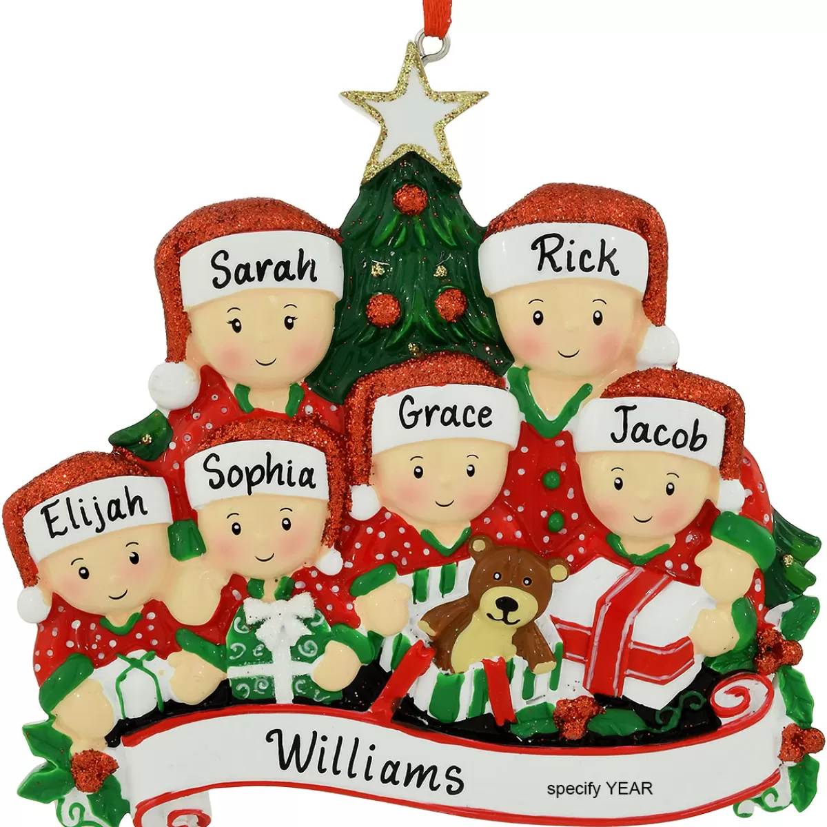 Bronner's Christmas Wonderland Personalized Family Of 6 Opening Presents Resin Ornament | Ornaments