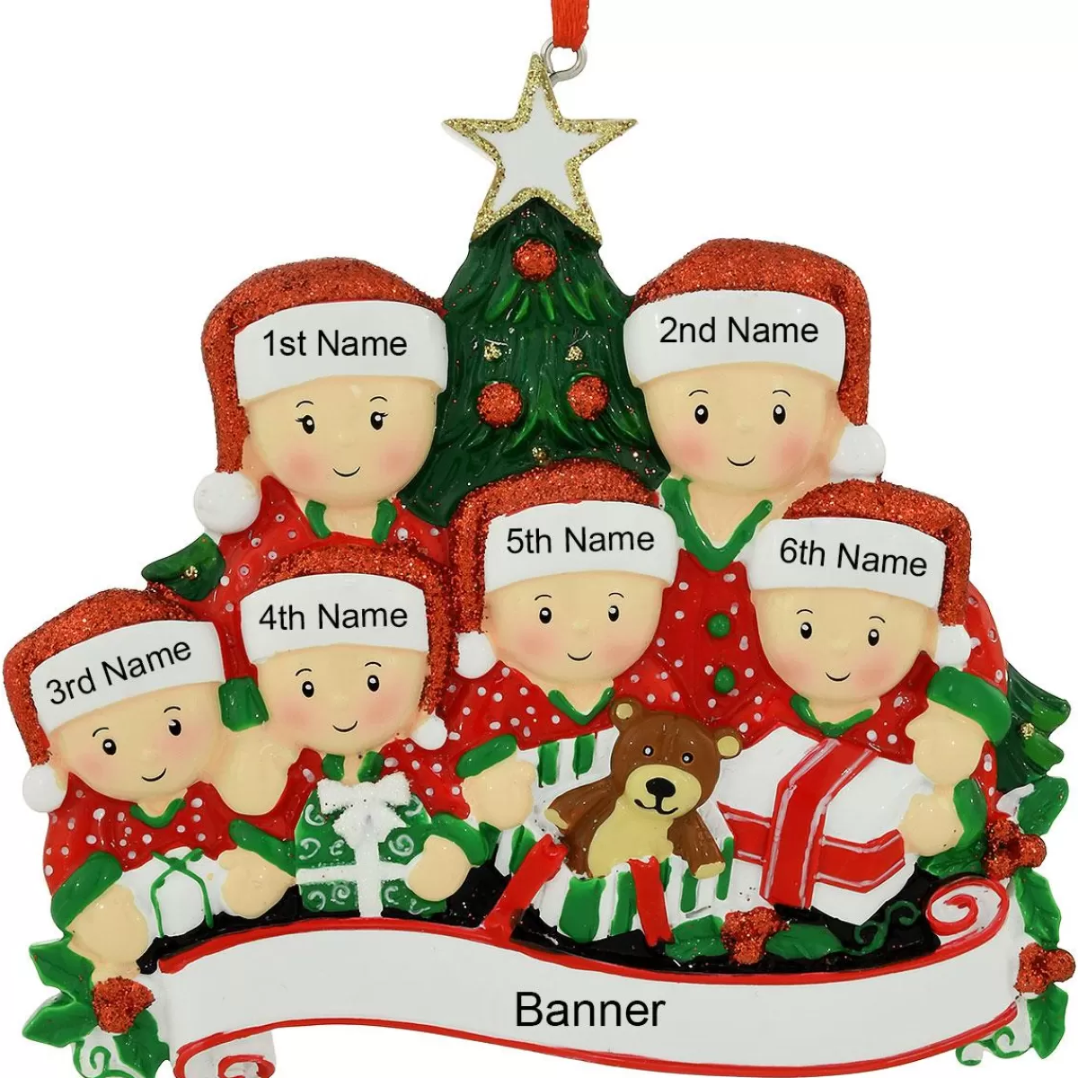 Bronner's Christmas Wonderland Personalized Family Of 6 Opening Presents Resin Ornament | Ornaments