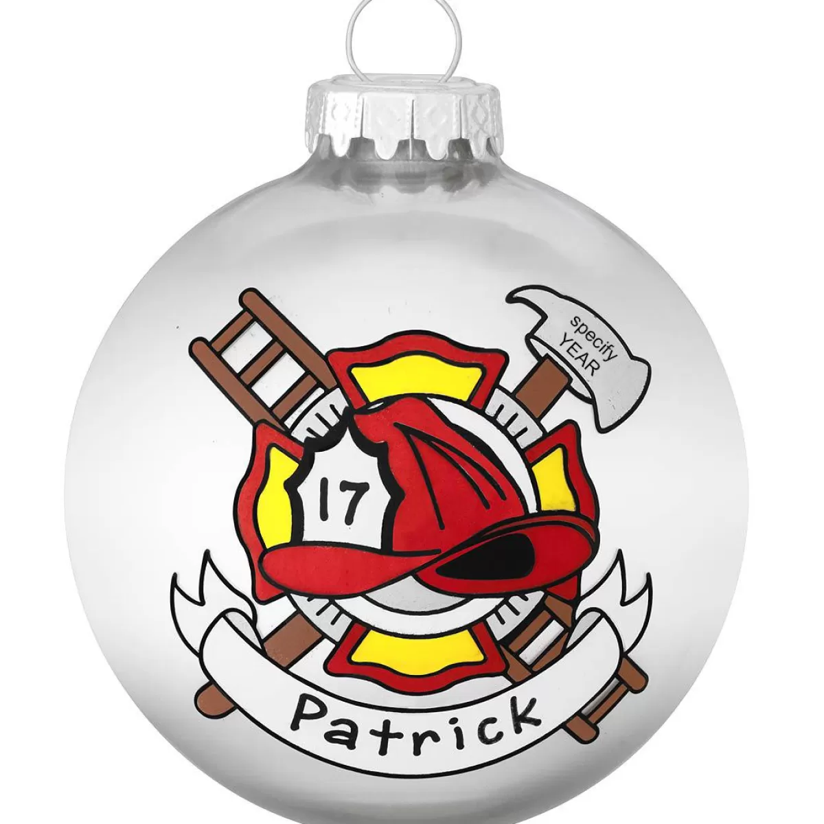 Bronner's Christmas Wonderland Personalized Fireman's Shield With Banner Glass Ornament> Hobbies & Occupations