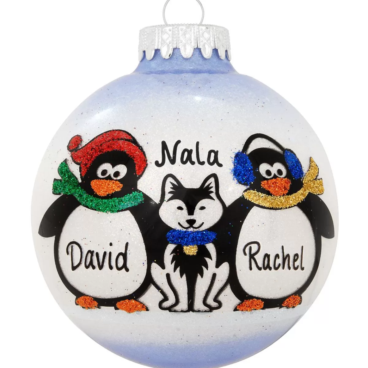 Bronner's Christmas Wonderland Personalized Penguin Couple With Dog Glass Sparkle Ornament | Ornaments