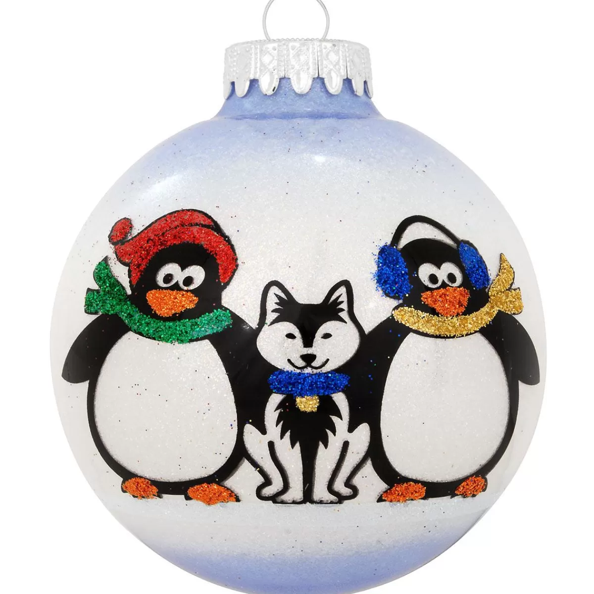 Bronner's Christmas Wonderland Personalized Penguin Couple With Dog Glass Sparkle Ornament | Ornaments