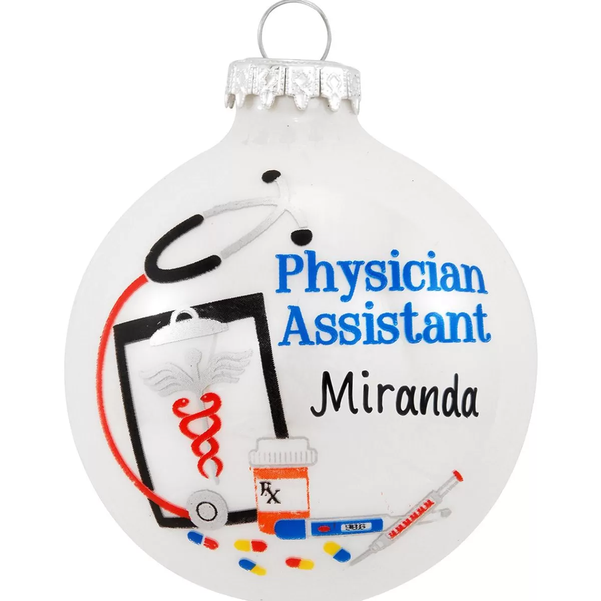 Bronner's Christmas Wonderland Personalized Physician Assistant White Opal Glass Ornament> Hobbies & Occupations