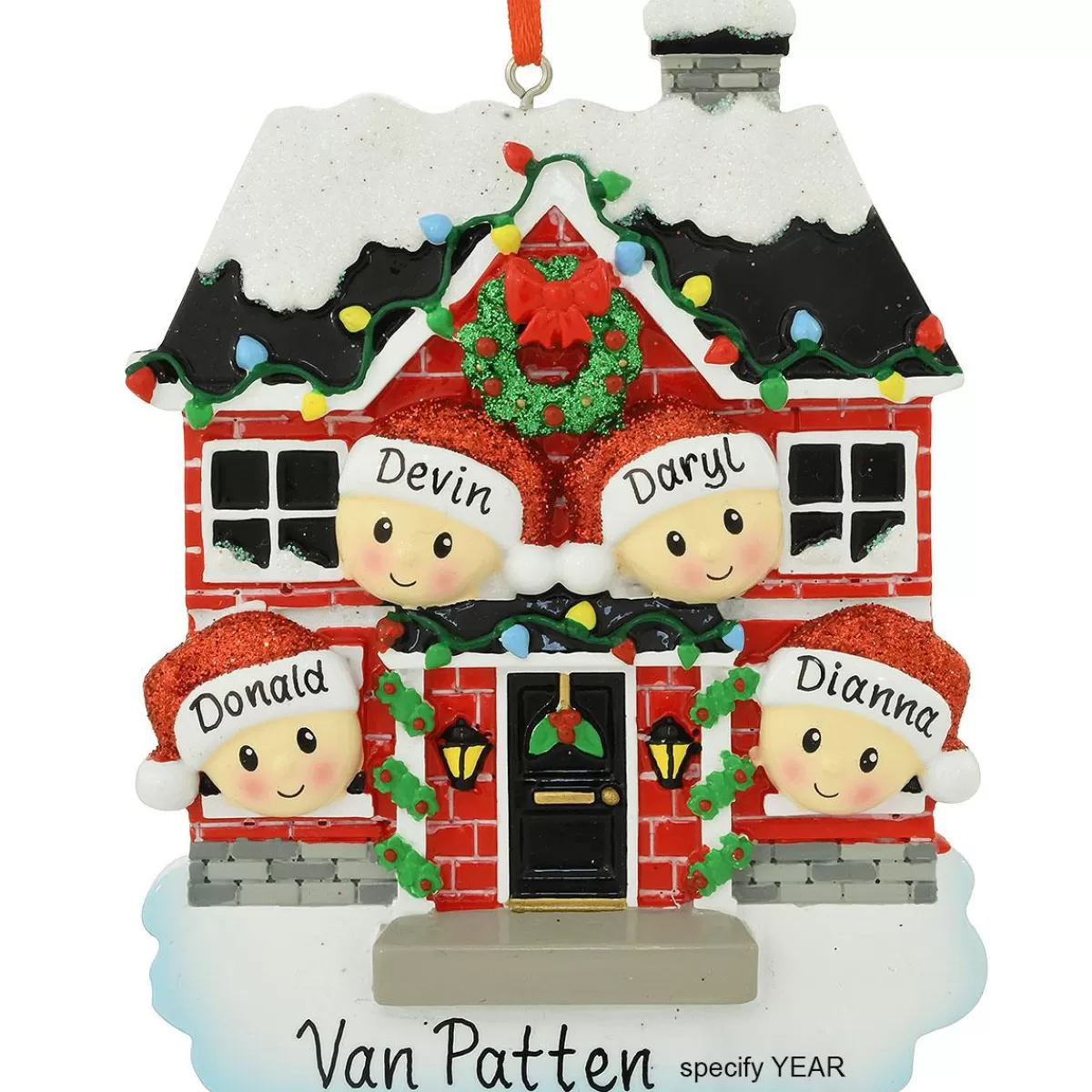 Bronner's Christmas Wonderland Personalized Red House Family Of 4 Resin Ornament | Ornaments