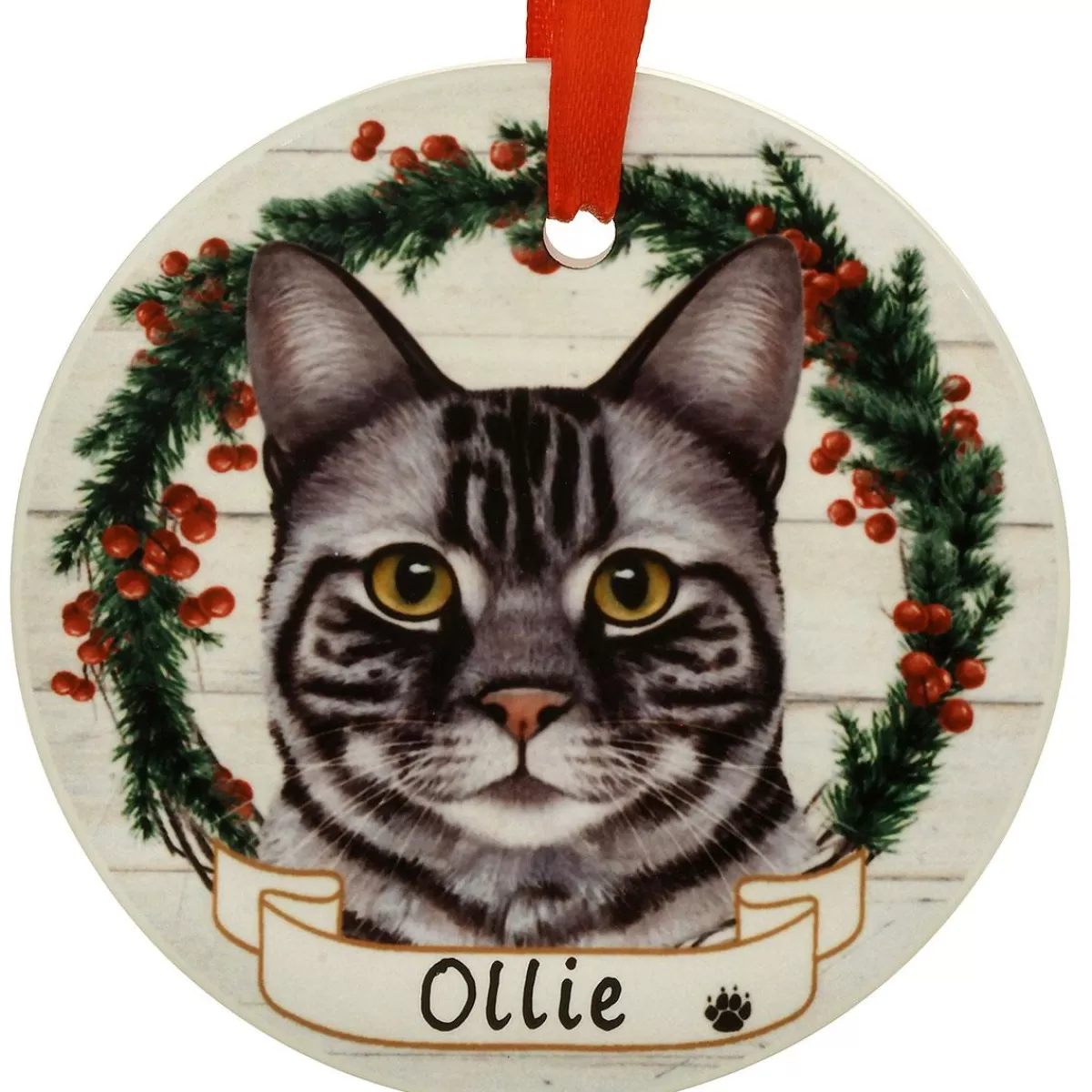 Bronner's Christmas Wonderland Personalized Silver Tabby Cat Round Ceramic Ornament | Ornaments