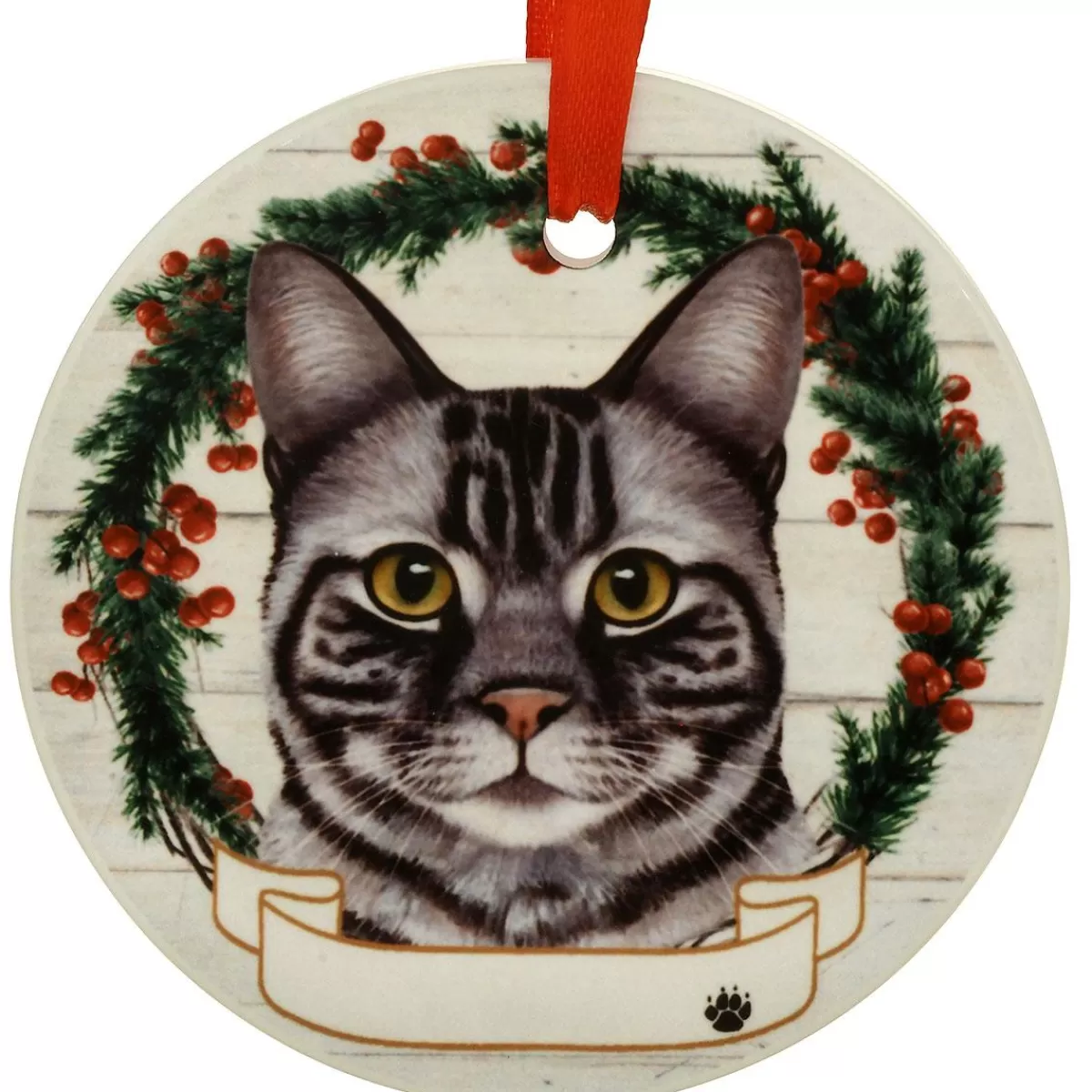 Bronner's Christmas Wonderland Personalized Silver Tabby Cat Round Ceramic Ornament | Ornaments