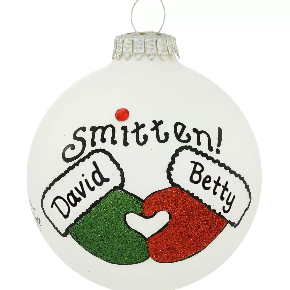 Bronner's Christmas Wonderland Personalized Smitten Mittens Heart Gifts Glass Ornament | Ornaments