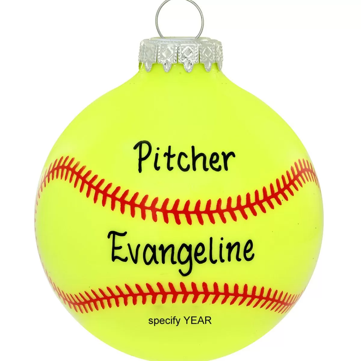 Bronner's Christmas Wonderland Personalized Yellow Softball Stitches Glass Ornament | Ornaments