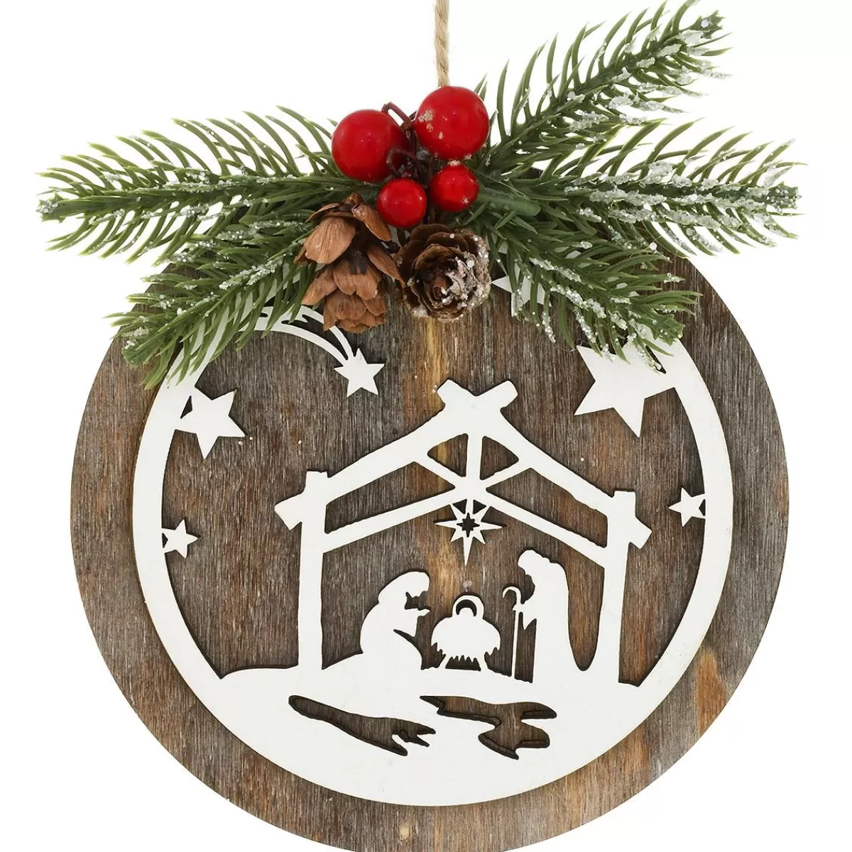 Bronner's Christmas Wonderland Round Wooden Nativity Scene With Pine Spray Ornament | Religious