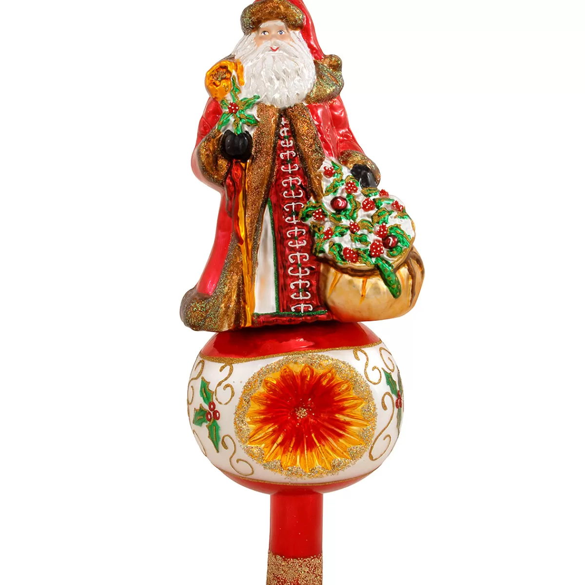 Bronner's Christmas Wonderland Santa With Staff And Bag Glass Ornament | Tree Toppers