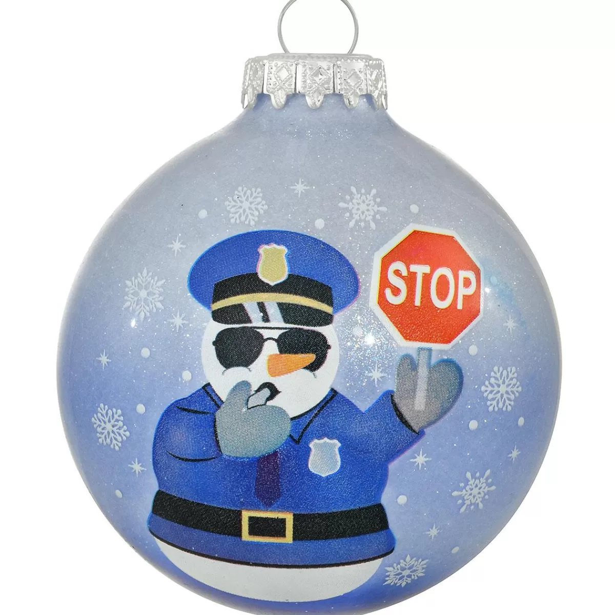 Bronner's Christmas Wonderland Snowman Police Officer Blue Glitter Glass Ornament> Hobbies & Occupations